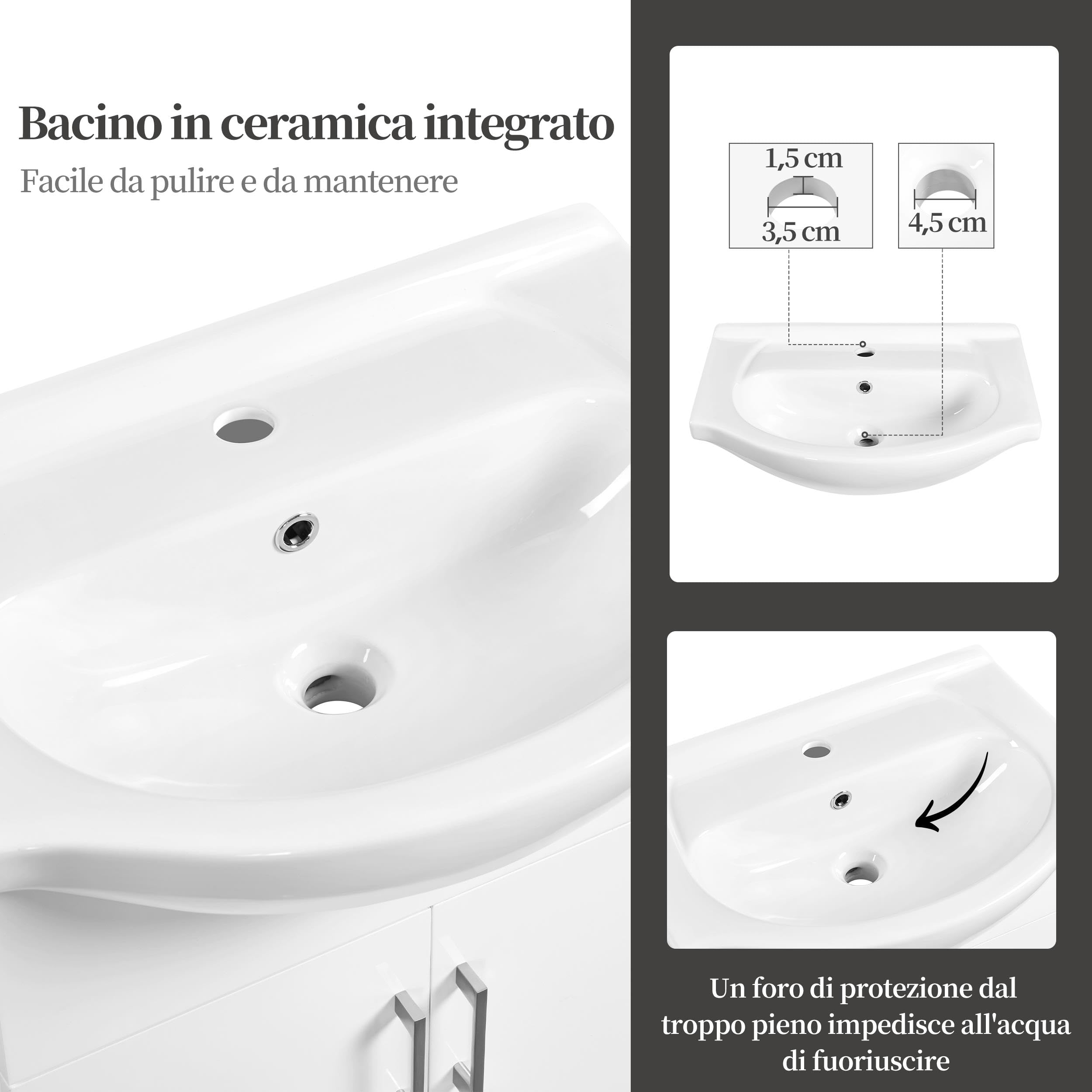 Yaheetech Mobile Bagno con Lavabo in Ceramica Armadietto a Terra con Lavandino Set Mobile da Bagno Moderno 61 × 43,5 × 84 cm Bianco