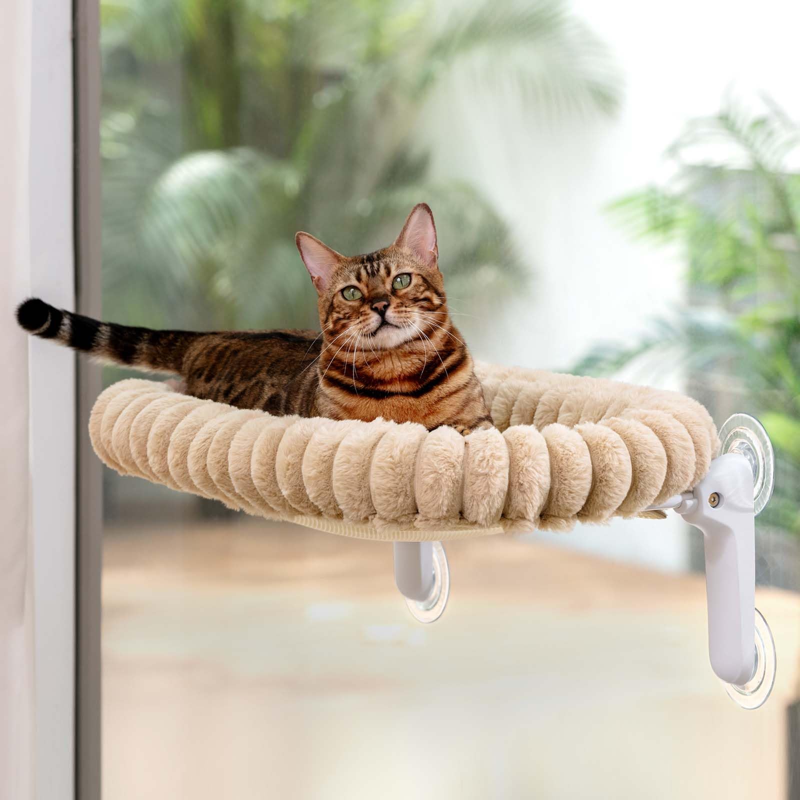GUUSII HOME Hamaca Gato Ventana Plegable Cama con Ventosa Fuerte Gatos Grande Colgante Soporte Camita para Gatitos de Interior con Alfombra Reversible Cat Window Perch Bed 54 * 30cm (Camello Claro, M)