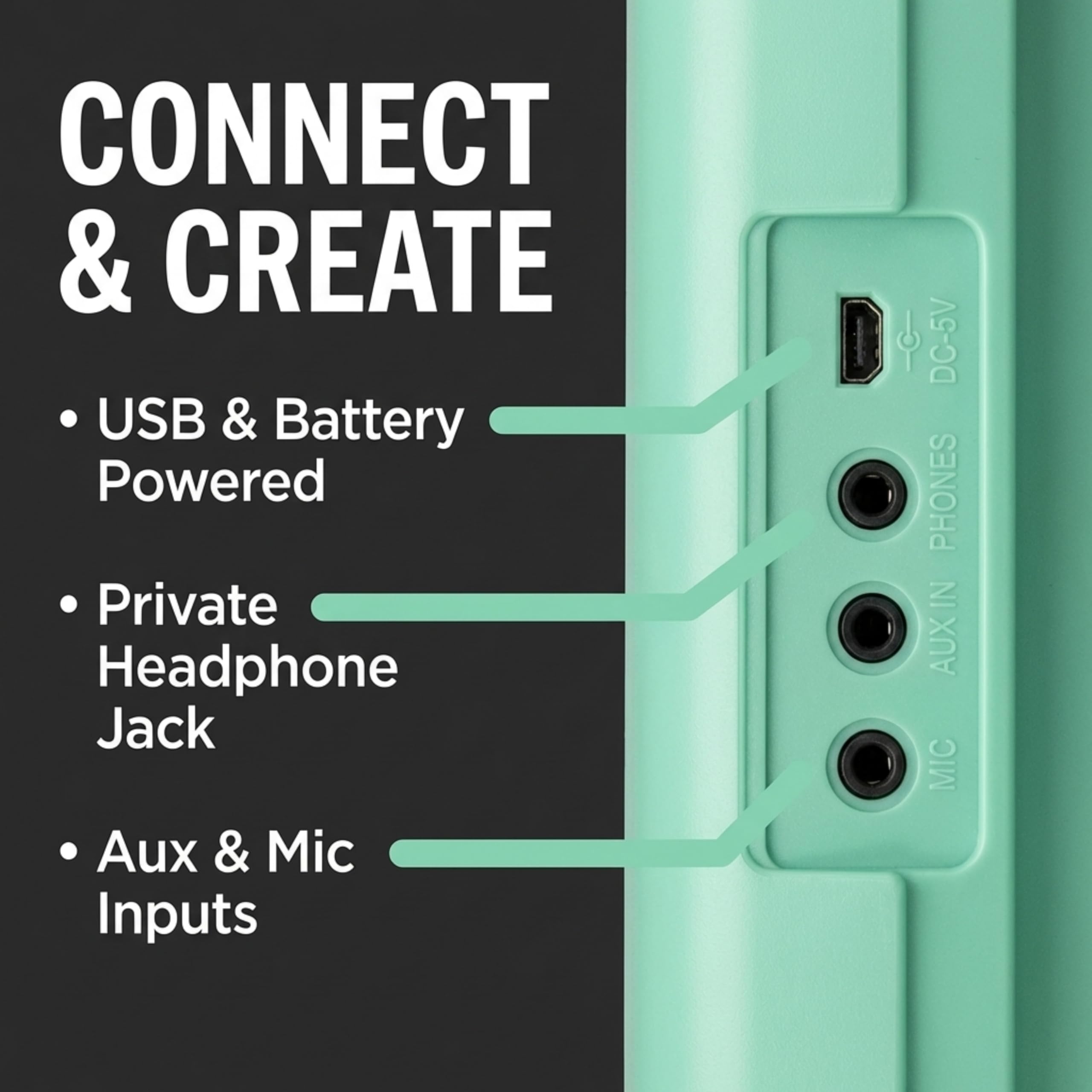 RockJam RJ490MG Mini Teclado Piano de 49 Teclas, Sintetizador Electrónico Portátil Verde menta con USB-C, Altavoces, Jack de Auriculares, 200 Tonos y Ritmos