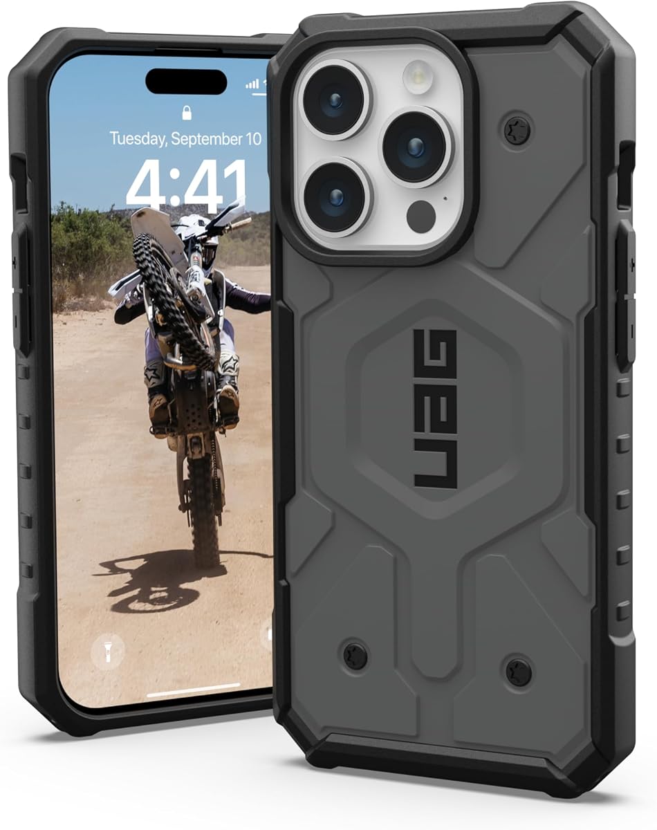 Funda URBAN ARMOR GEAR UAG [Versión actualizada] Compatible con iPhone 15 Pro Case 6.1" Pathfinder Silver Imán incorporado Compatible con carga MagSafe Funda protectora resistente a prueba de caídas de grado militar