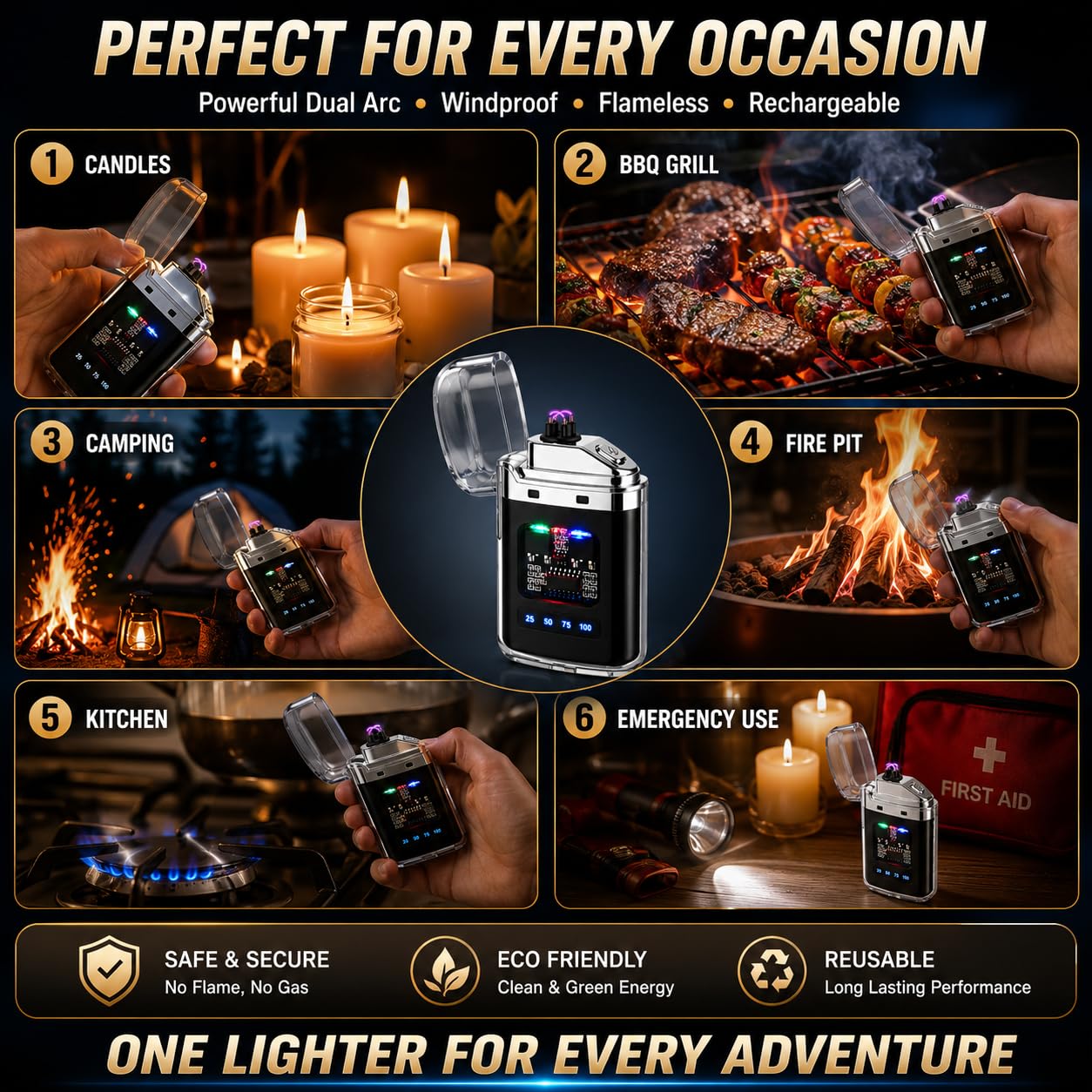 USB Rechargeable Dual Arc Lighter with LED Display, Windproof Flameless Plasma Lighter, Compact Portable Design for Outdoor Camping Travel (Multicolor) 3