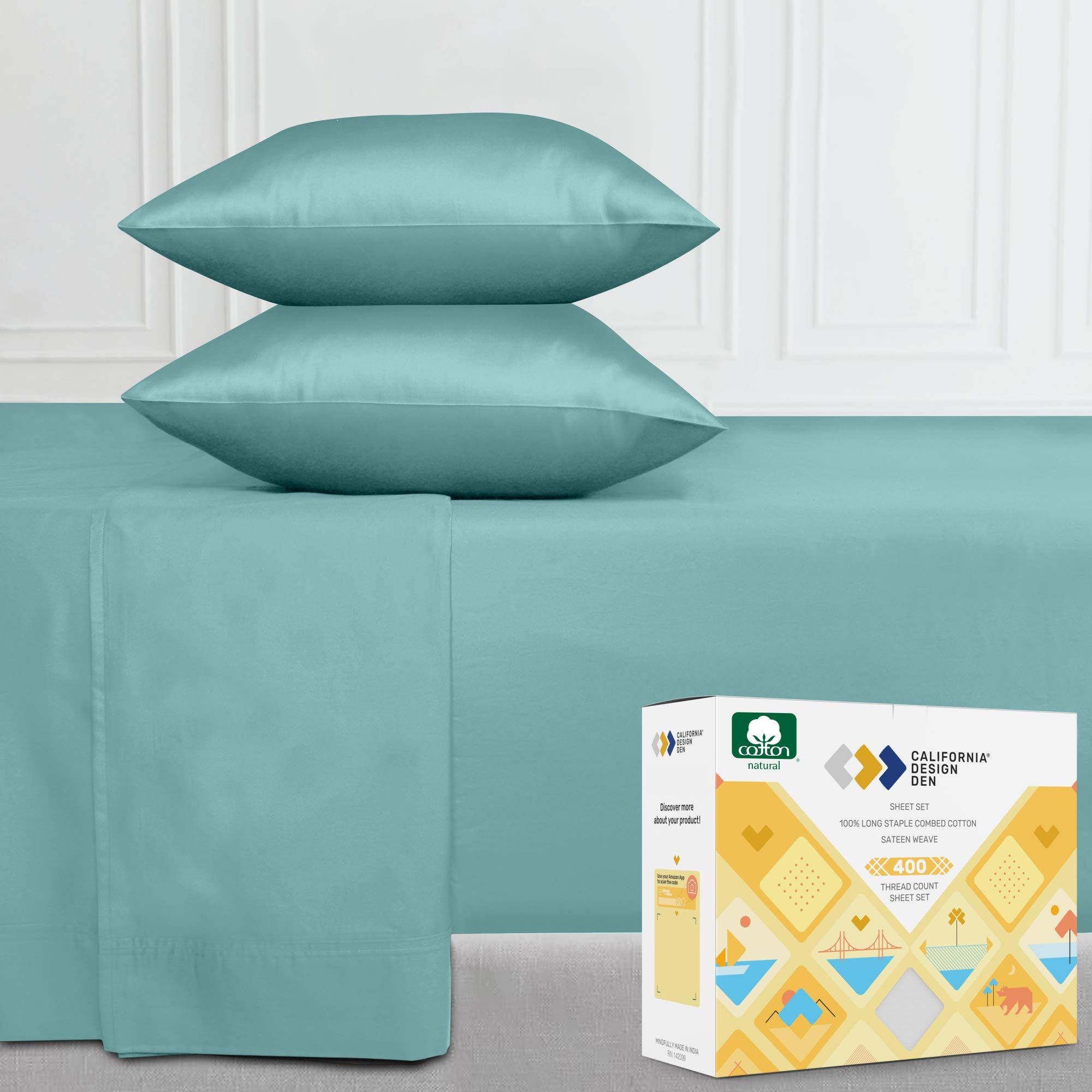 California Design Den Natural 100% Cotton Sheets, Soft Queen Sheet Set, 400 Thread Count Sateen, Deep Pockets with All-Around Elastic for A, Cool & Durable Bedding Set - Teal