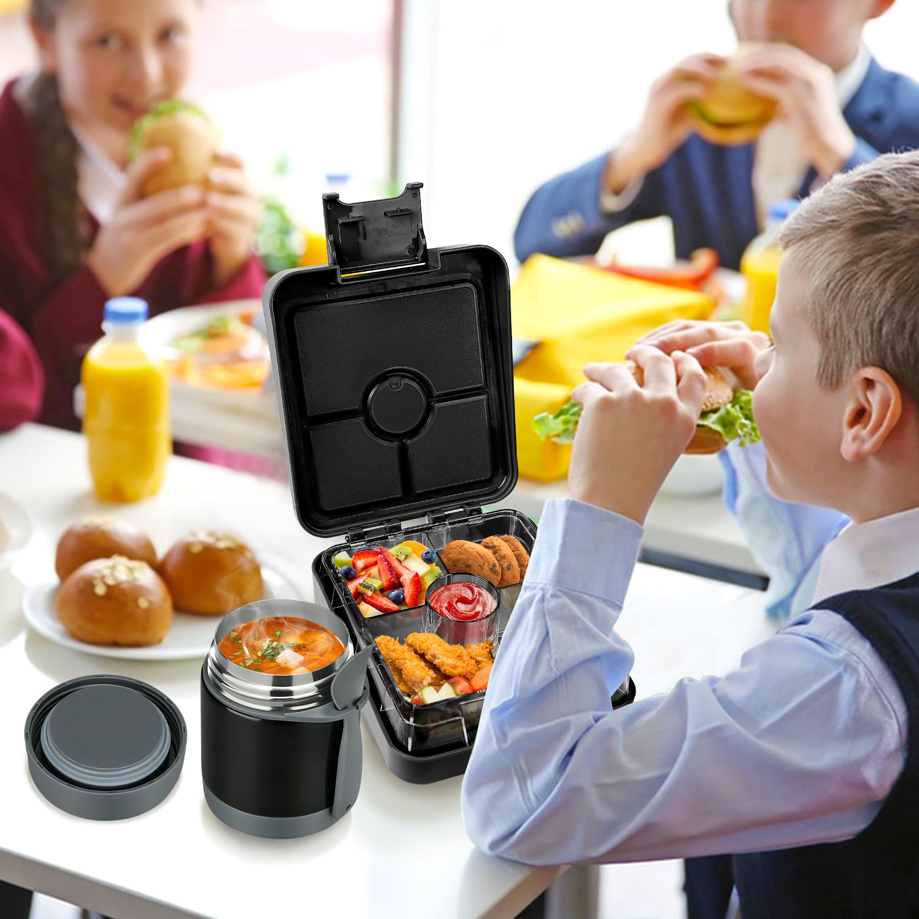 Bento - Set di contenitori per il pranzo con thermos da 283,5 g, contenitori per il pranzo a prova di perdite con 4 scomparti, contenitore per alimenti per bambini, contenitore termico per alimenti,