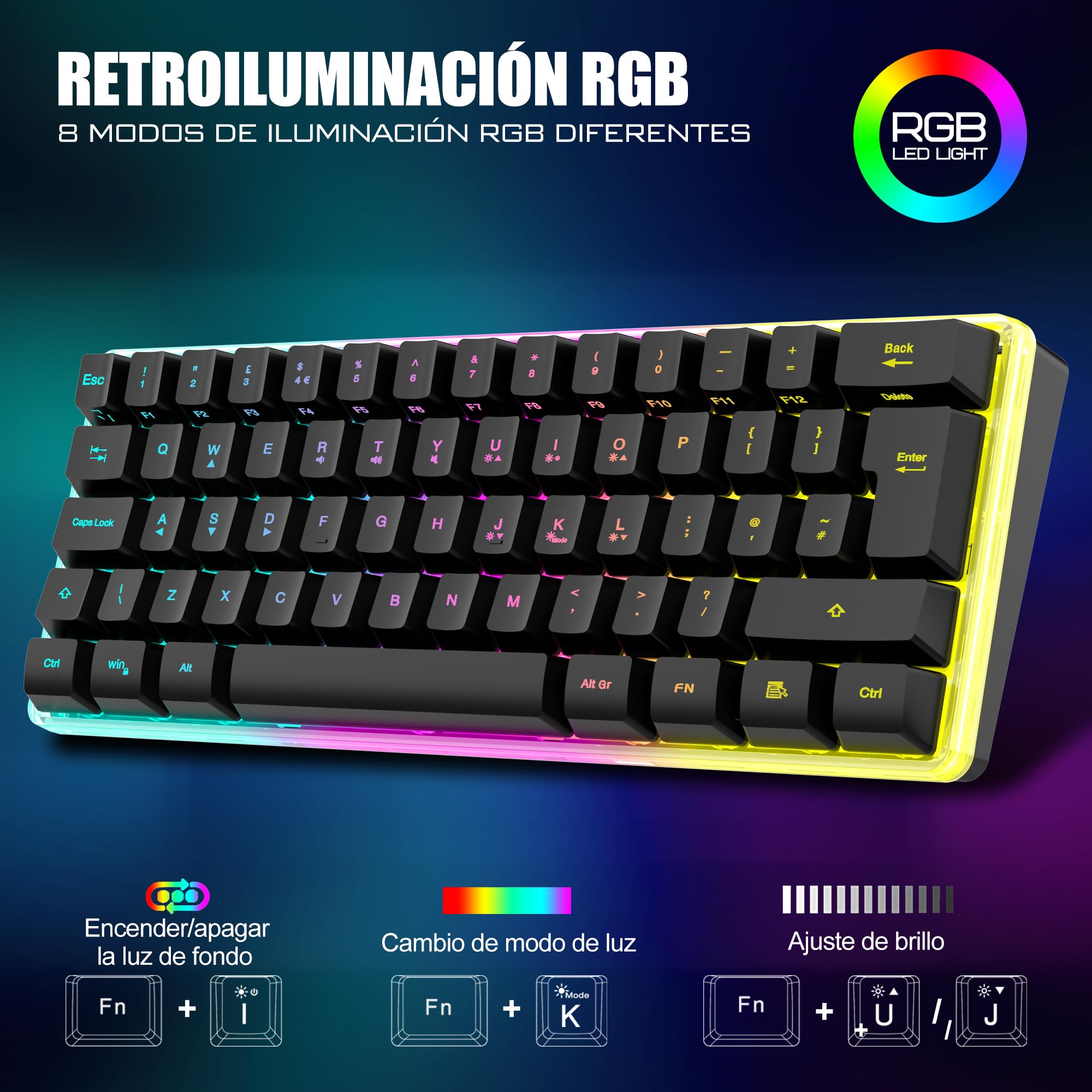 RedThunder Teclado Mecánico Inalámbrico Gaming 60%,Retroiluminación RGB Dinámica,Ratón Celular Ligero de 3200 dpi,Teclado Ultra-Compacto 62 Teclas Anti-ghosting,Disposición QWERTY ES,para PC/PS5/Xbox