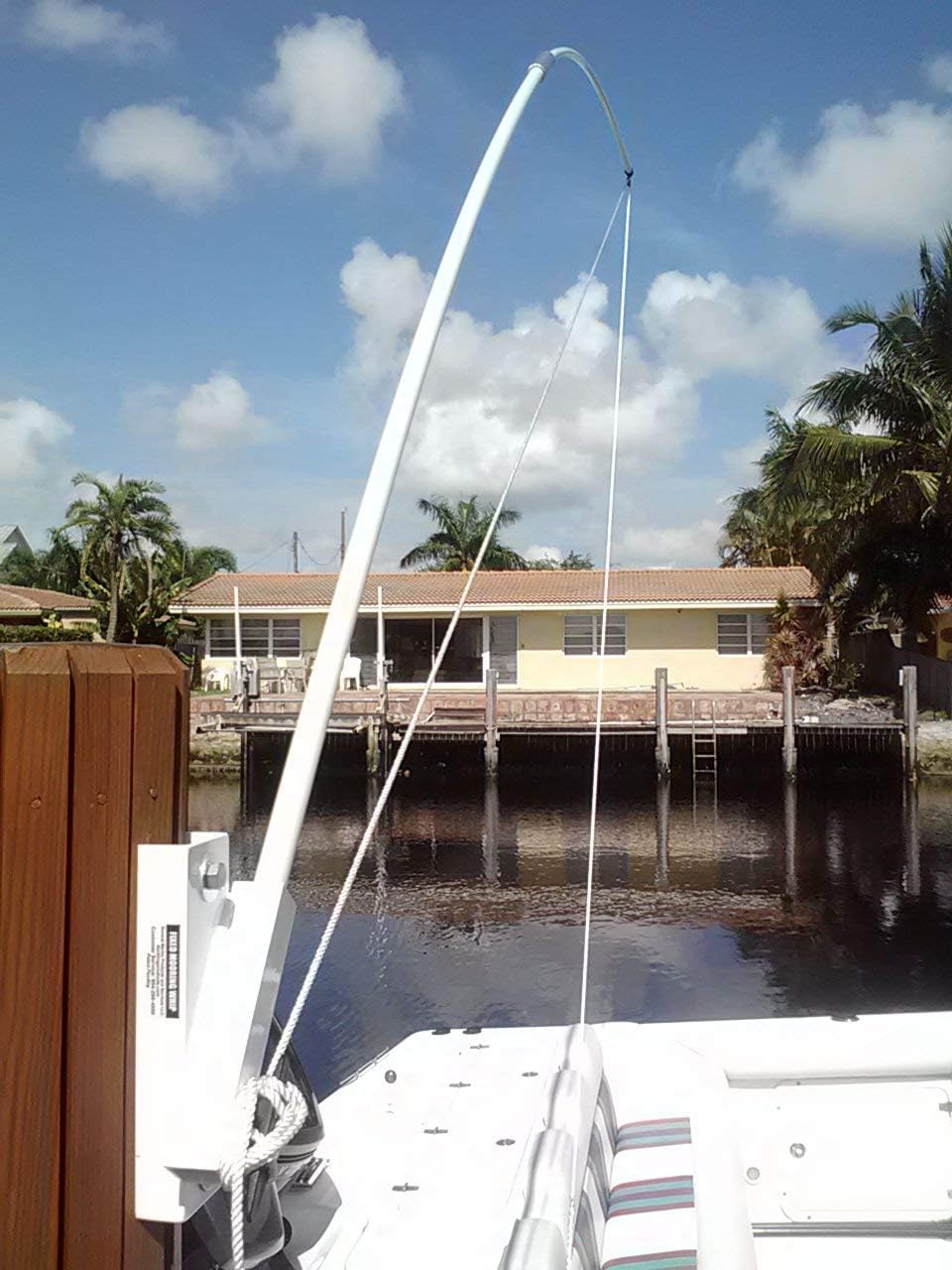 Mooring whips piling mounted additional clearance for small to large boats up to 40'. Solid 1" full length fiberglass poles 14' two sections. Pole Holders powder coated aluminum.