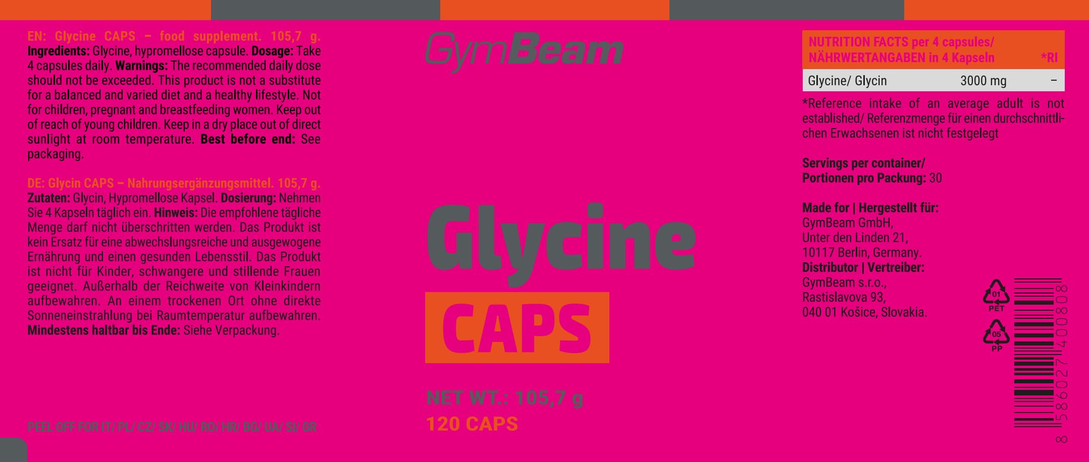 GymBeam Glicina Caps 3000 mg - Integratore Glicina Capsule per Vegani, Glicina Amminoacido - Adatto per Assunzione Giornaliera o Serale - Capsule Facili da Ingerire, 120 cps