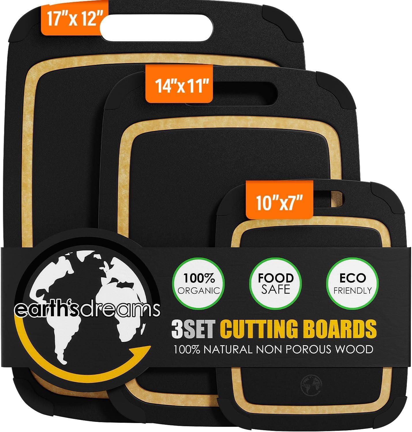 Earths Dreams Wood Cutting Board Set 3-Piece: Small, Large & Extra Large - Charcuterie Board, Non-Plastic, Non-Toxic, Heavy-Duty, Dishwasher Safe (Black/Tan)