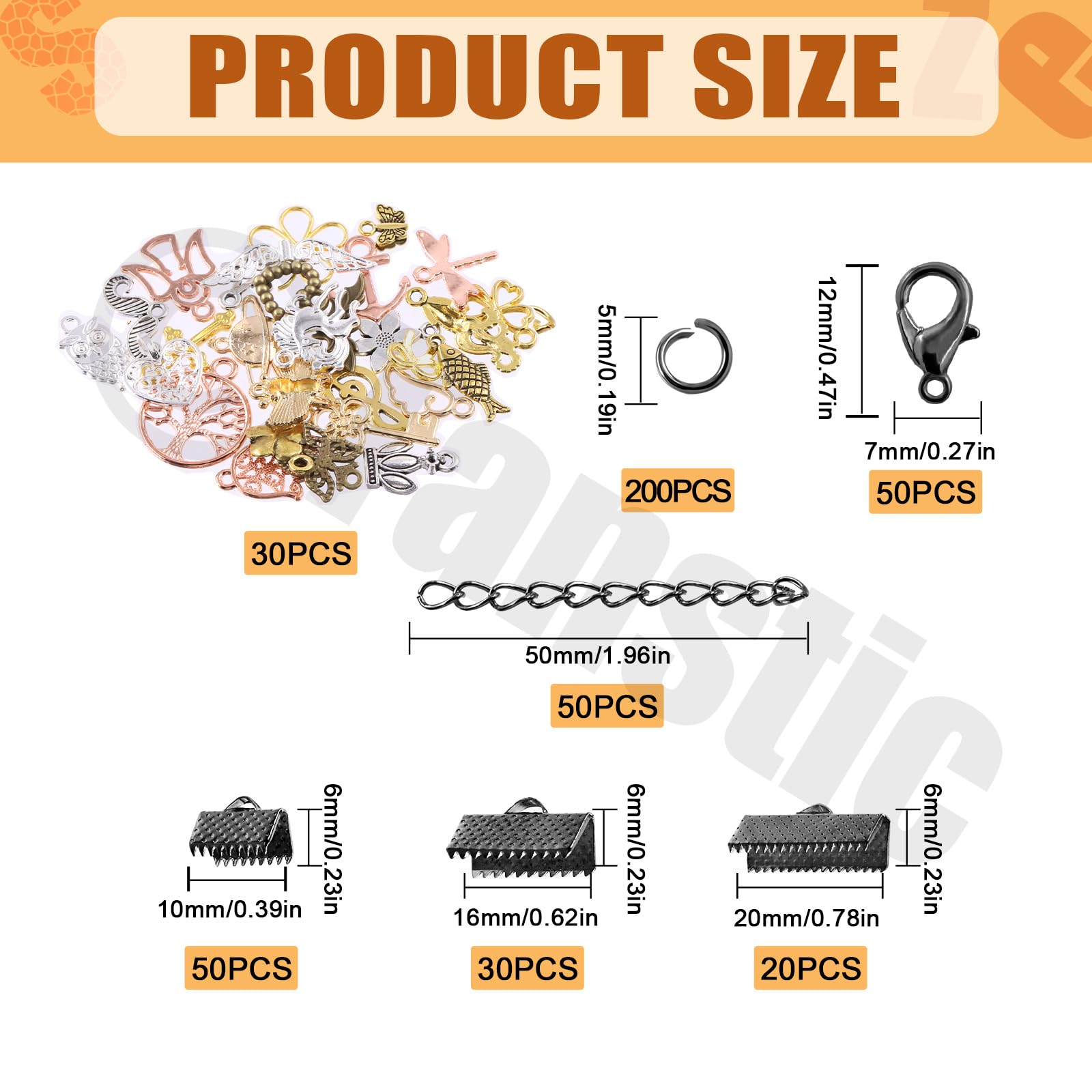 Tanstic 430Pcs Black Ribbon Ends Fastener Clasps Kit, Bookmark Pinch Crimp Ends with Open Jump Rings, Lobster Claw Clasps - Image 2