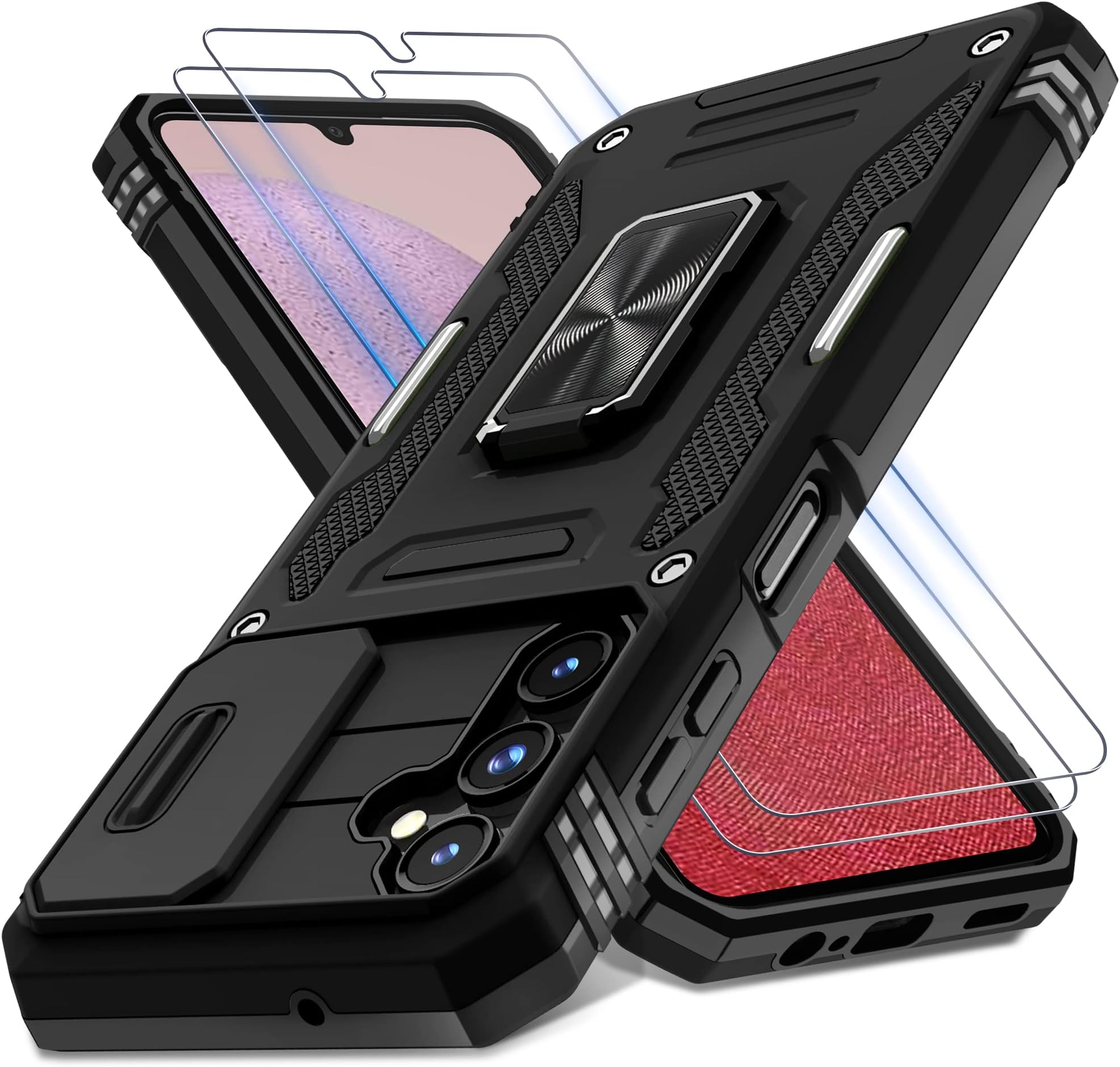 Case for Samsung Galaxy A14 5G with Slide Camera Cover+Screen Protector(2 Packs),Rotated Ring Kickstand Military Grade Shockproof Protective Cover-Black