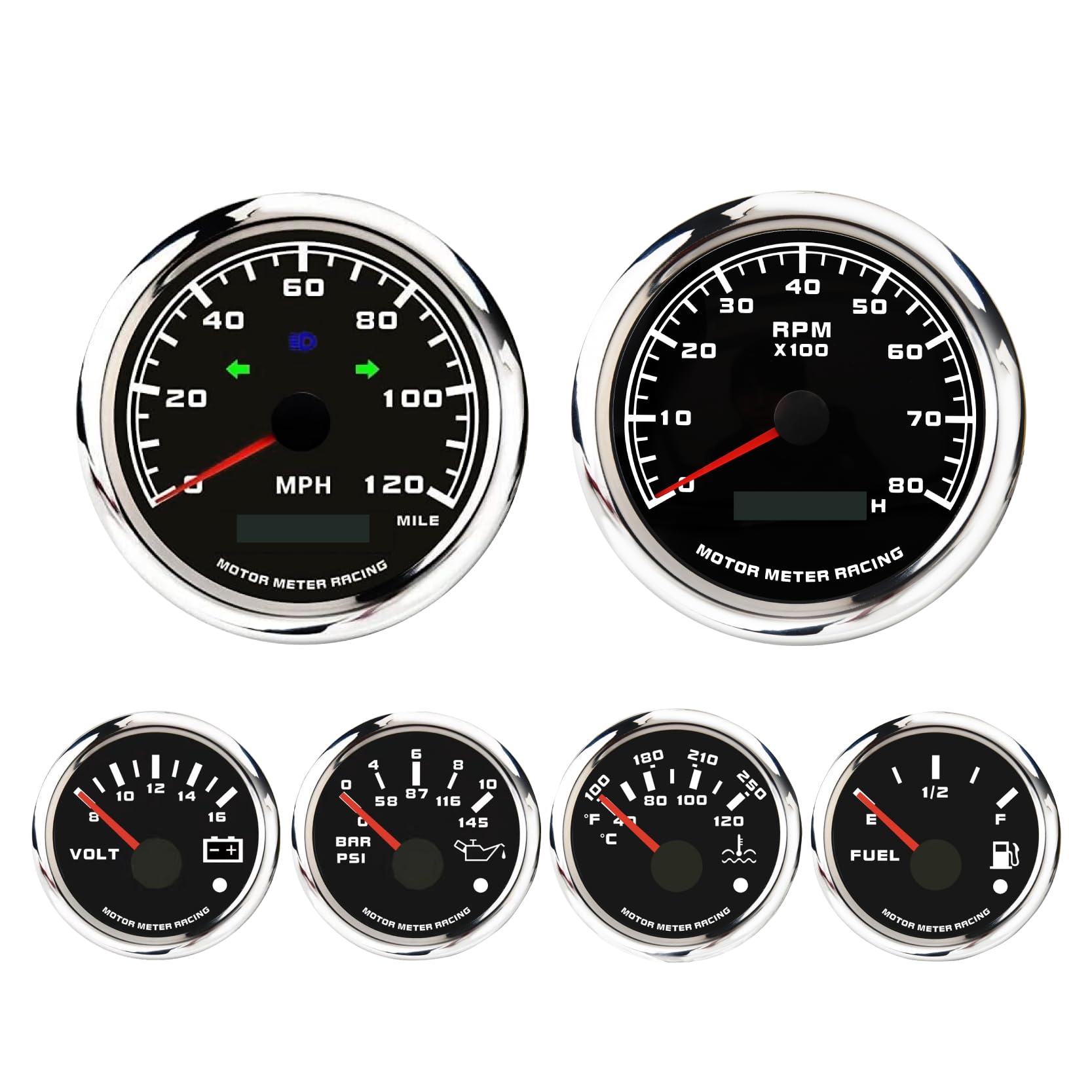 MOTOR METER RACING W PRO Series 6 Gauge Set - 85mm 3-3/8" GPS Speedometer with Turn Signal High Beam & Tachometer 52mm 2-1/16" Volt, Fuel Level, Water