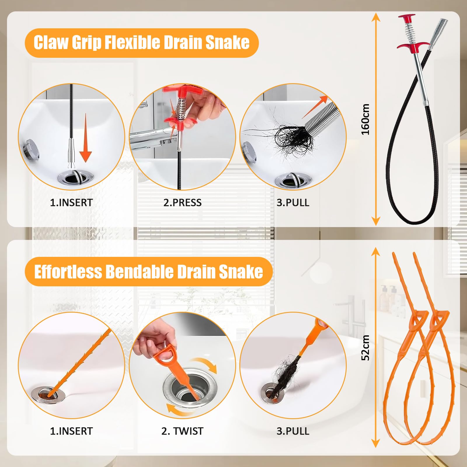 Drain Snake Auger 33FT, 8 PCS Plumbing Snake Kit for Easy at Home Beginner Friendly Drain Clog Remover, Flexible Sink & Toilet Auger, Reusable Drain Cleaner with Splash-Proof Gloves - 5