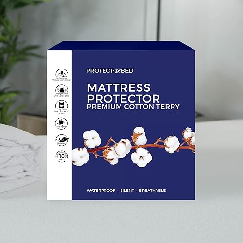 Protect-A-Bed Protector de colchón impermeable de tela de rizo de algodón premium bloquea los ácaros del polvo y los alérgenos lavable a máquina