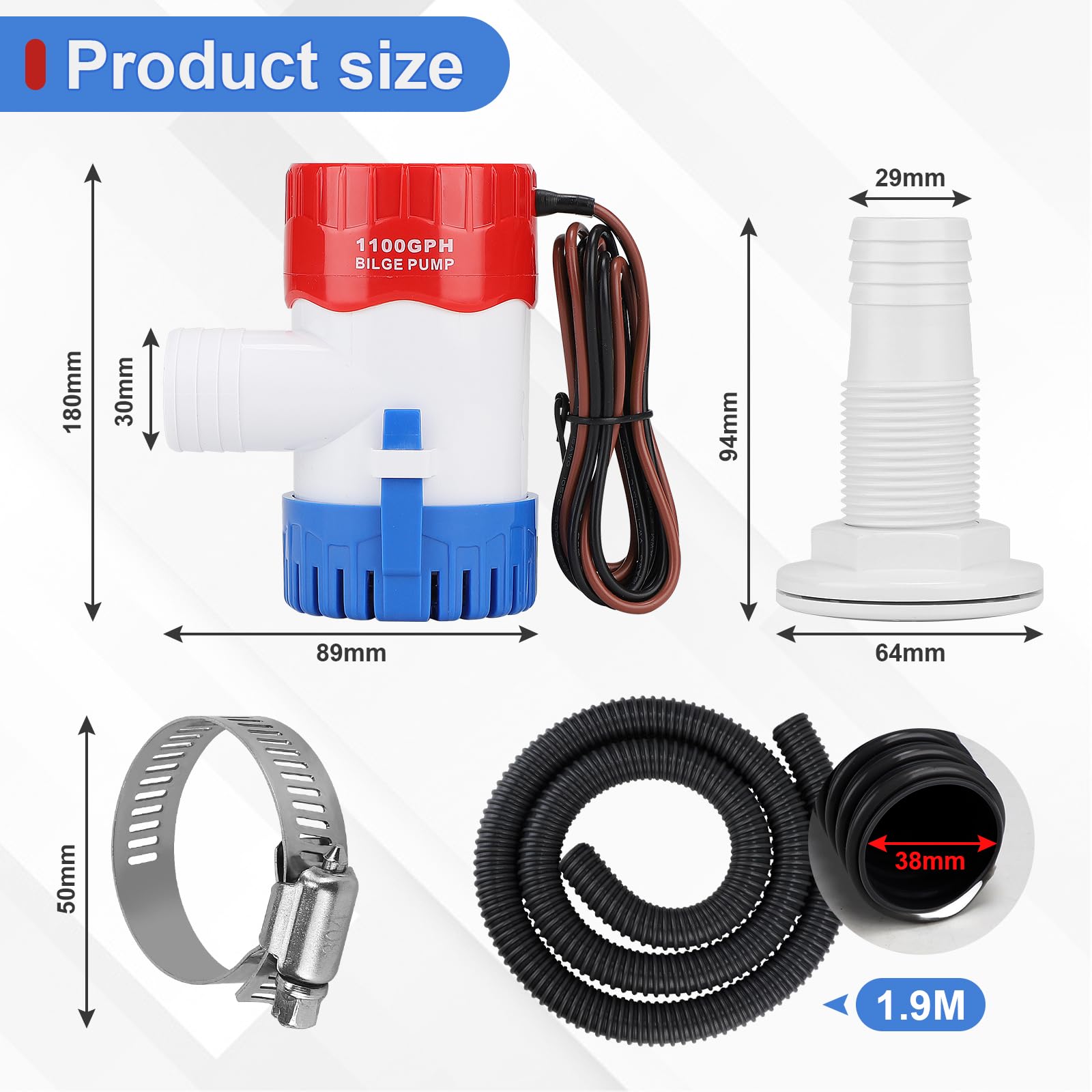 CPROSP Bomba de Achique 12V para Agua 1100GPH con Manguera de φ29mm con 1x 1,88M Manguera Gris y 2 Abrazaderas Silenciosa para Caravanas, Barcos de Pesca, Piscinas Pequeñas y Fuentes