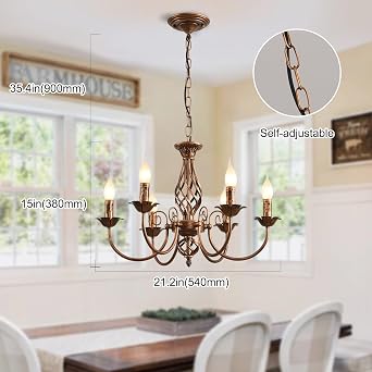 Bronze 6-Light French Country Chandelier with 90 cm Adjustable Chain