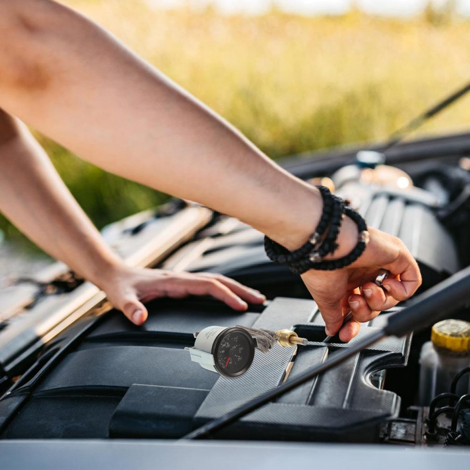 SOLUSTRE Termometro Acqua per Auto Meccanico 52mm con Sensore Temperatura, Custodia in Metallo e Abs, Protezione Motore Affidabile, per Veicoli e Fai-da-te