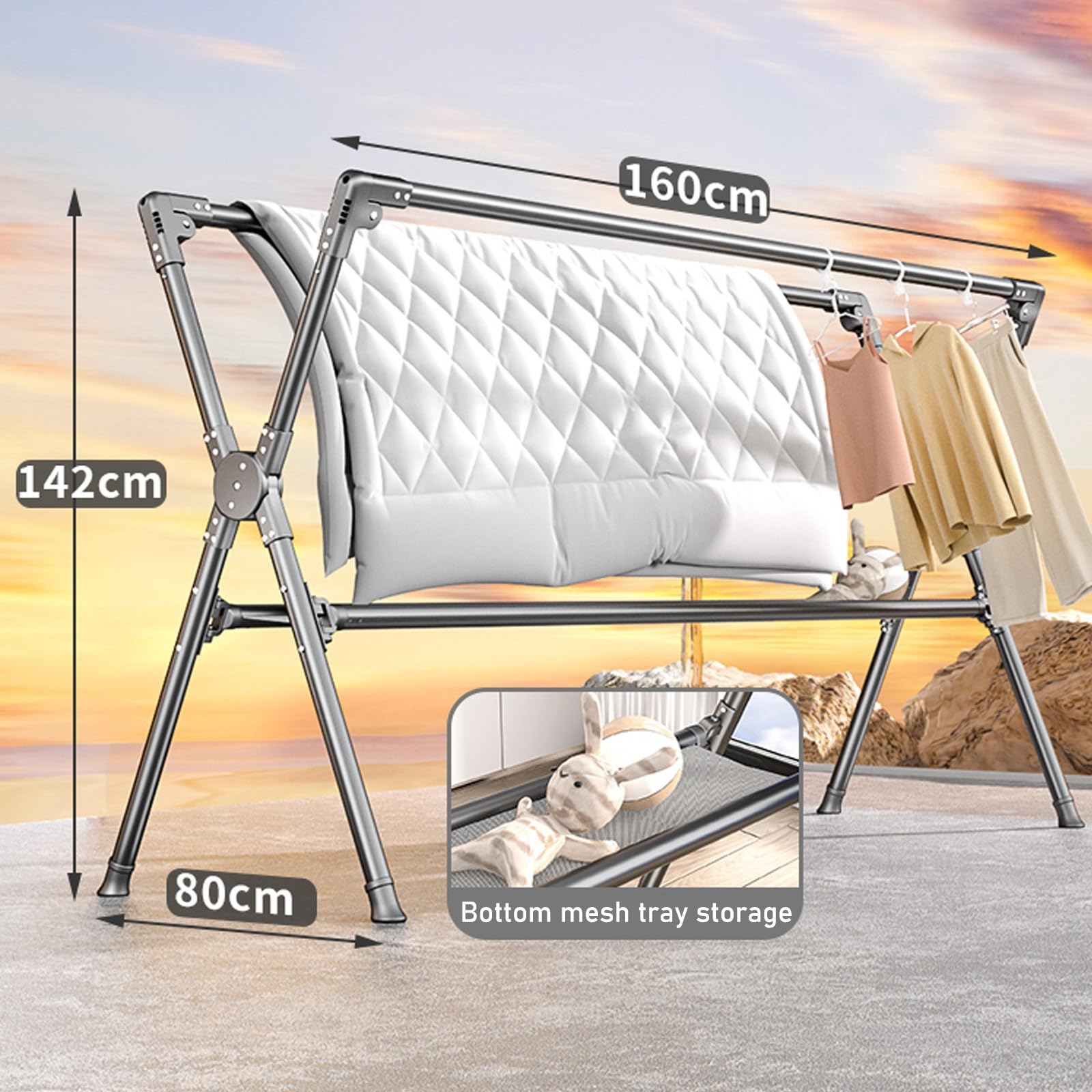 Tendedero de aluminio, Tendedero de ropa portátil plegable que ahorra espacio, Tendedero de secado de doble poste, para secar ropa, toallas, ropa de cama, Tendedero de ropa al aire libre, Tendedero