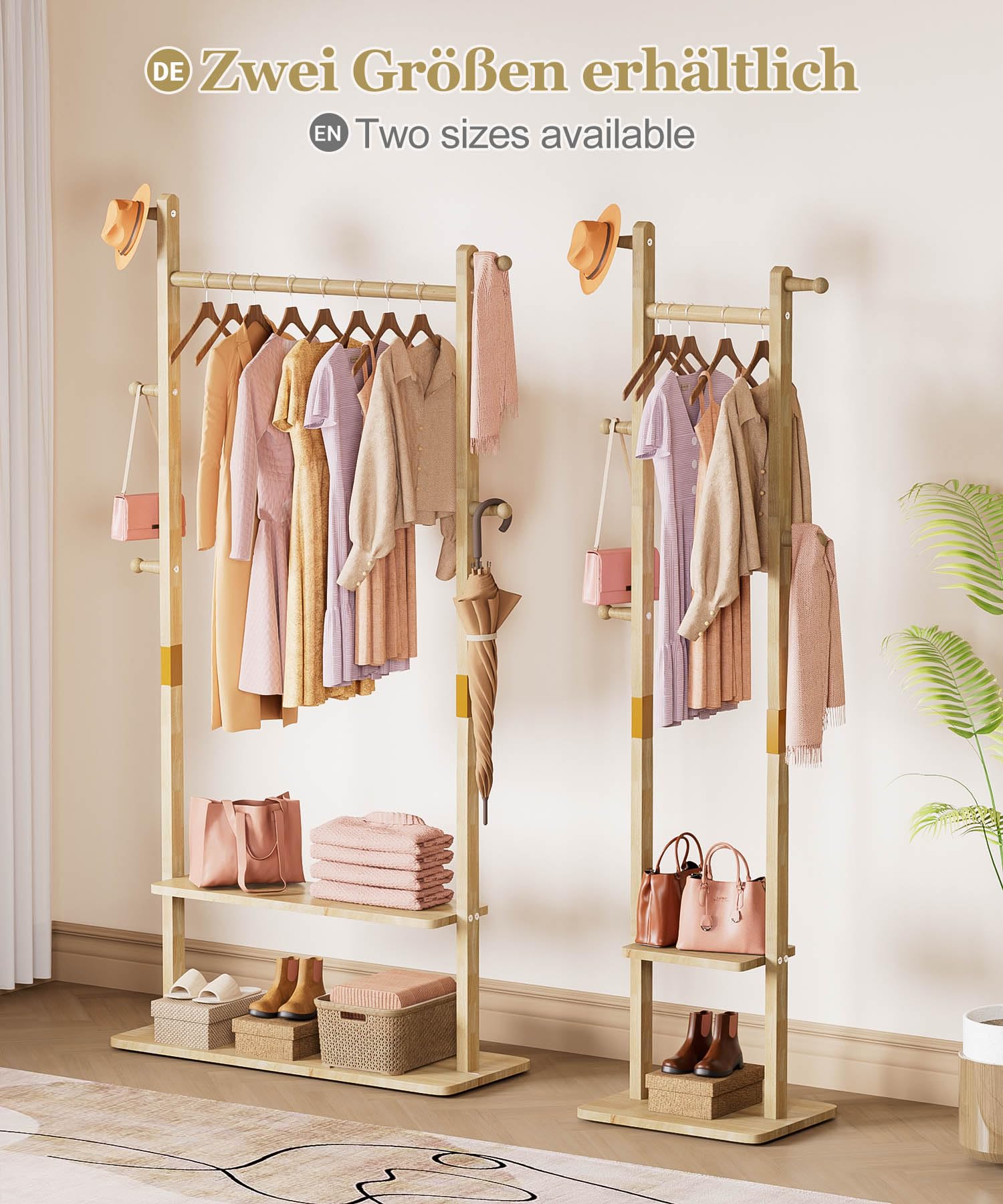 YORBAY Perchero de madera de pie: Burro Ropa con 2 estantes, 5 ganchos y 1 barra, ideal para guardar ropa, sombreros, chaquetas y bolsos, ideal para sala de estar Recibidor Dormitorio