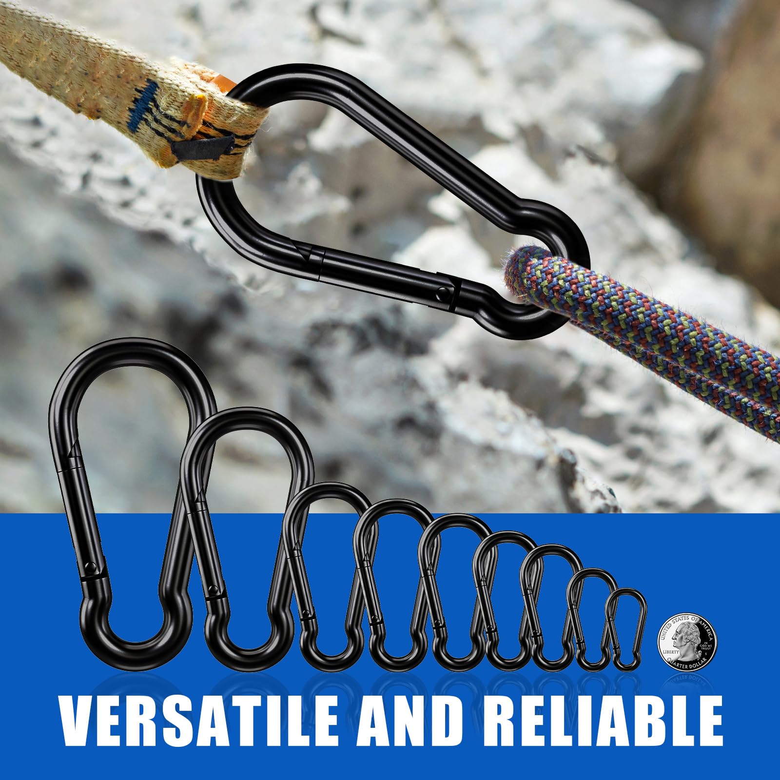 KINLINK Paquete de 25 mosquetones de acero al carbono negro, gancho de resorte resistente de 1.97 pulgadas, pequeños clips de caribeener para acampar al aire libre, columpio, hamaca, senderismo, pesca
