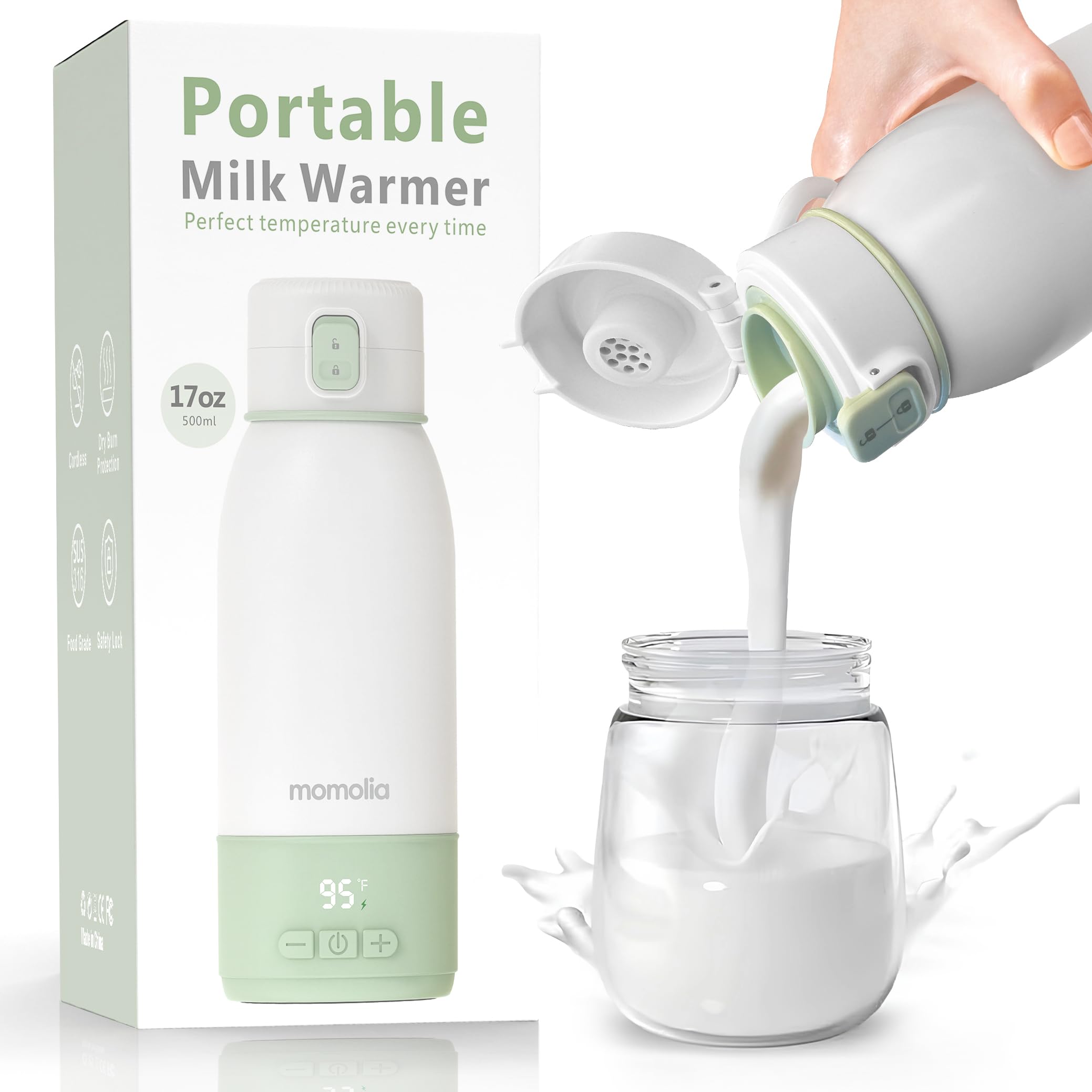 Portable Milk Warmer for Travel, Bottle Warmer for Breastmilk and Formula, Milk Warmer On-The-Go, Large Capacity 17 oz. with LED Temp Control, Wireless for Bottle Feeding (Sage)-image-8
