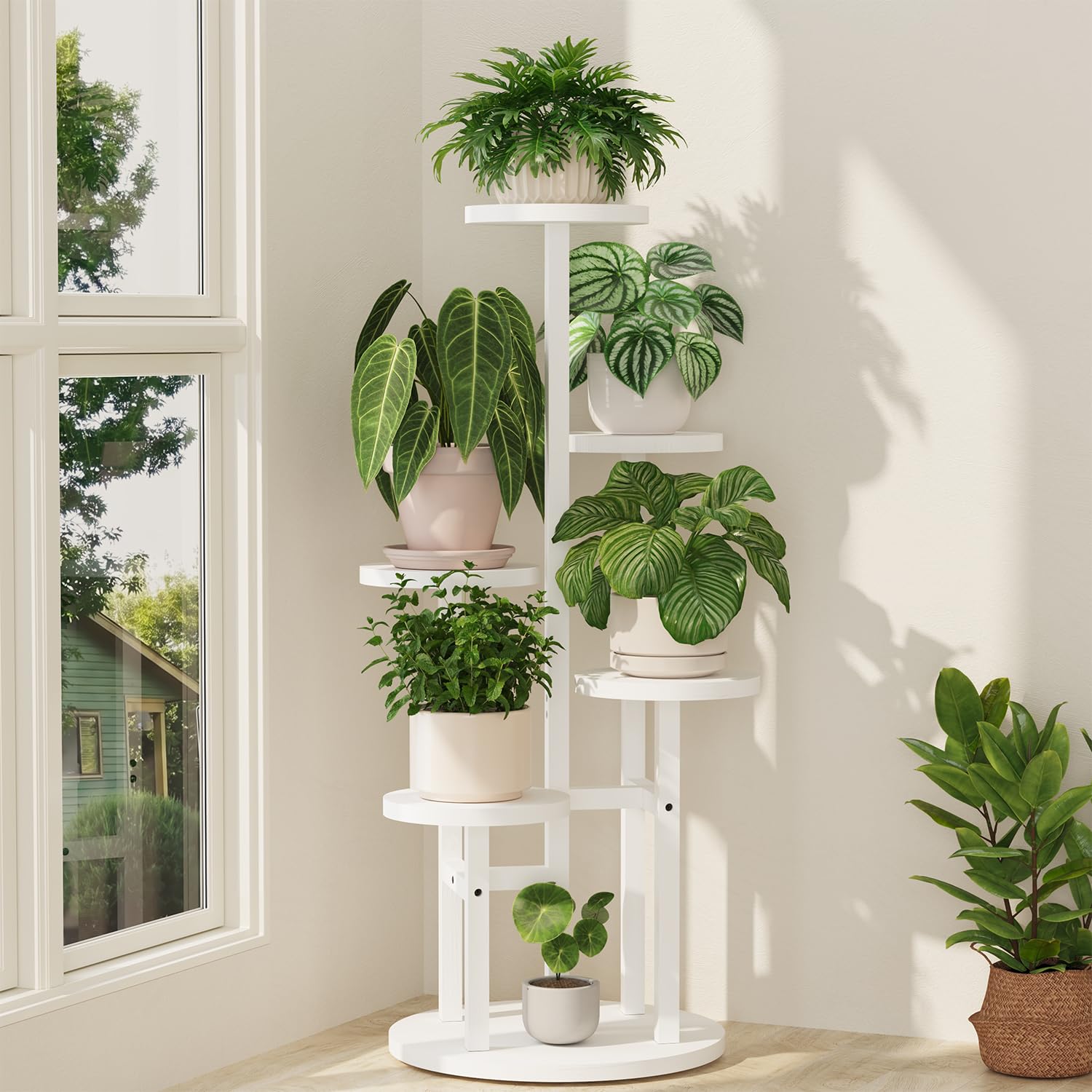 iDavosic.ly 5 Tier Wood Plant Stand Indoor Outdoor Corner Tall Shelf, White