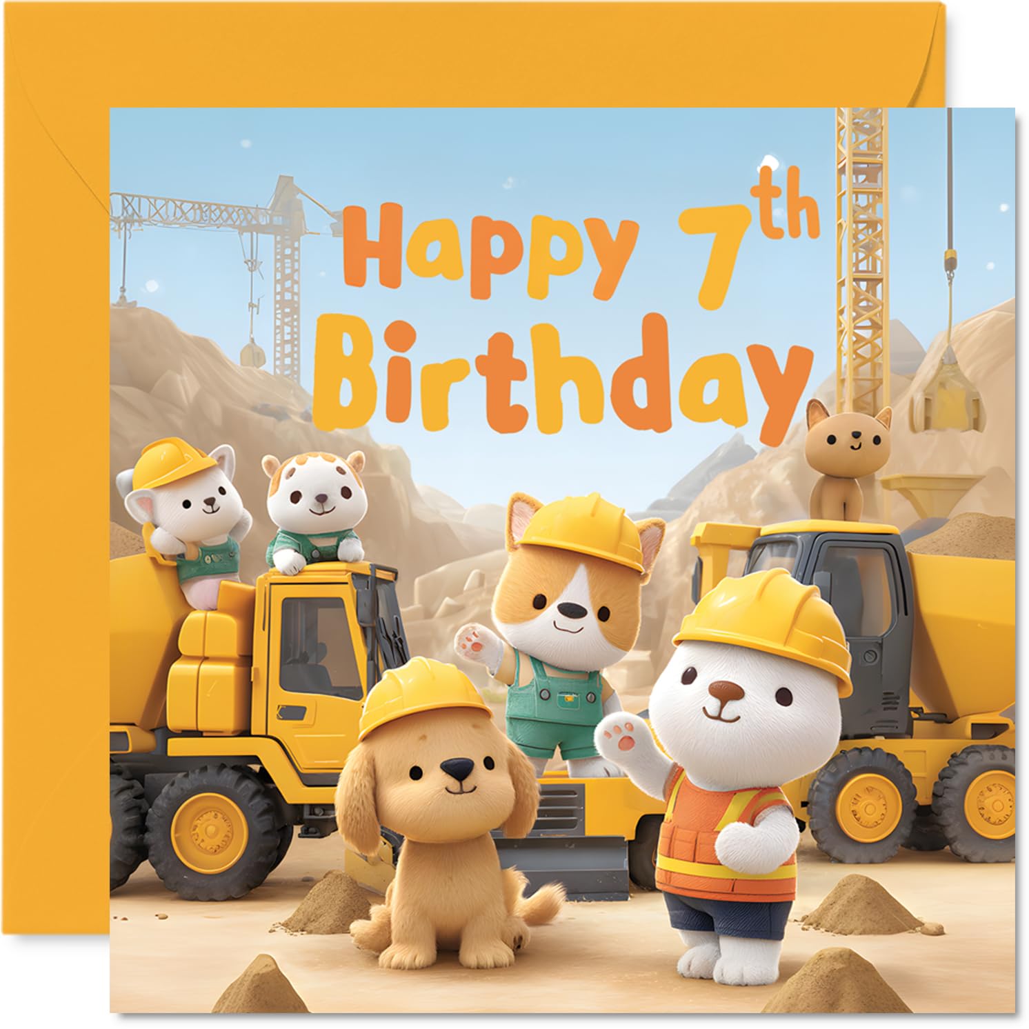 7th Birthday Cards for Boys Girls - Kids Construction Animals - Happy Birthday Card for 7 Year Old Boy Girl Cousin Daughter Grandson Son, 145mm Bday Greeting Cards