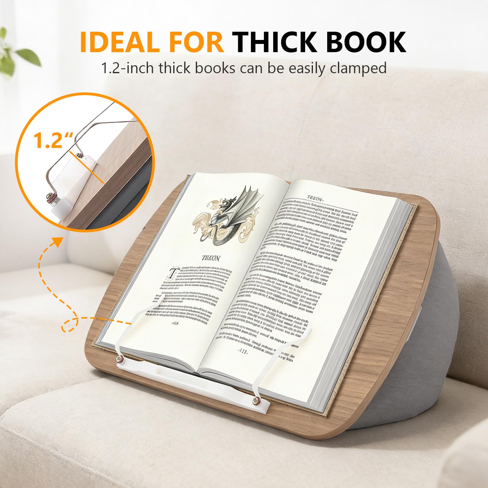 Support pour Livre et Tablette d'Appoint pour Canapé, Lit, Bureau - Cousin Porte-Livre avec Support de Pages - Compatible Ordinateur Portable et Tablette