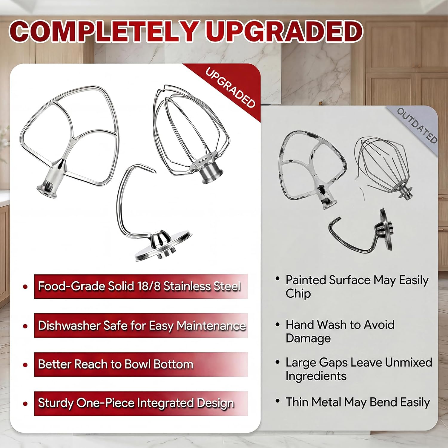 Stainless Steel Attachments 3 Piece Set for KitchenAid 4.5-5 Quart Tilt Head Stand Mixer, Includes K45B Flat Beater, K45DH Dough Hook and K45WW Wire Whip, Dishwasher Safe and Heavy Duty