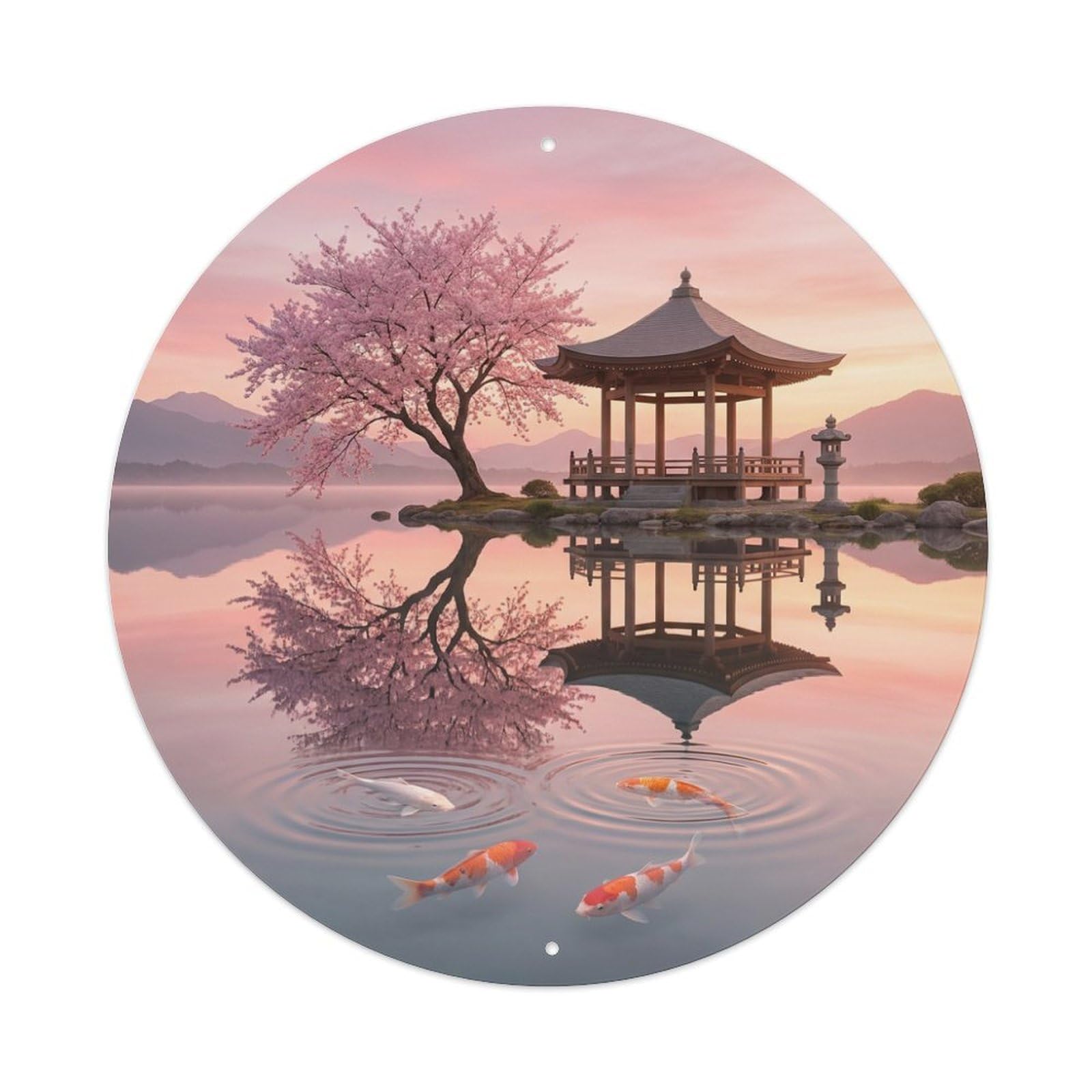 Metal Tin Sign Japanese Koi Fish Dawn Reflection Pink Mirror