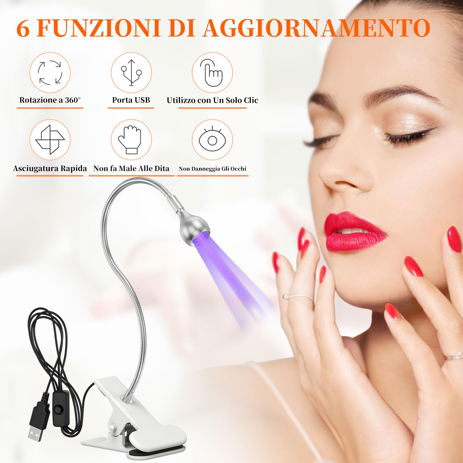 AISEELY Lampada UV per Unghie, Mini Lampada UV LED Unghie Professionale, 3W Lampada Unghie per Gel con Clip, 360° Testa Regolabile, Alimentazione USB Adatto per Manicure Accessori per Unghie Argento