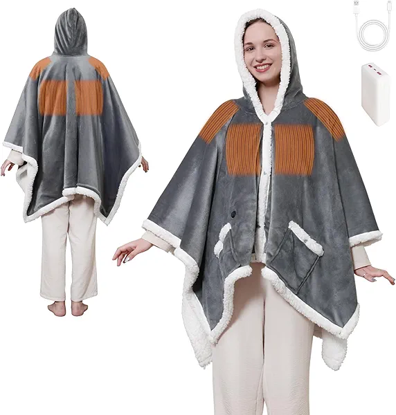 Sealy Heated Throw Blanket Wearable Battery Operated, Cordless Portable Electric Blanket Wrap Poncho with Power Bank, Rechargeable Outdoor Heated Shawl 3 Heating Level, Machine Washable, Grey