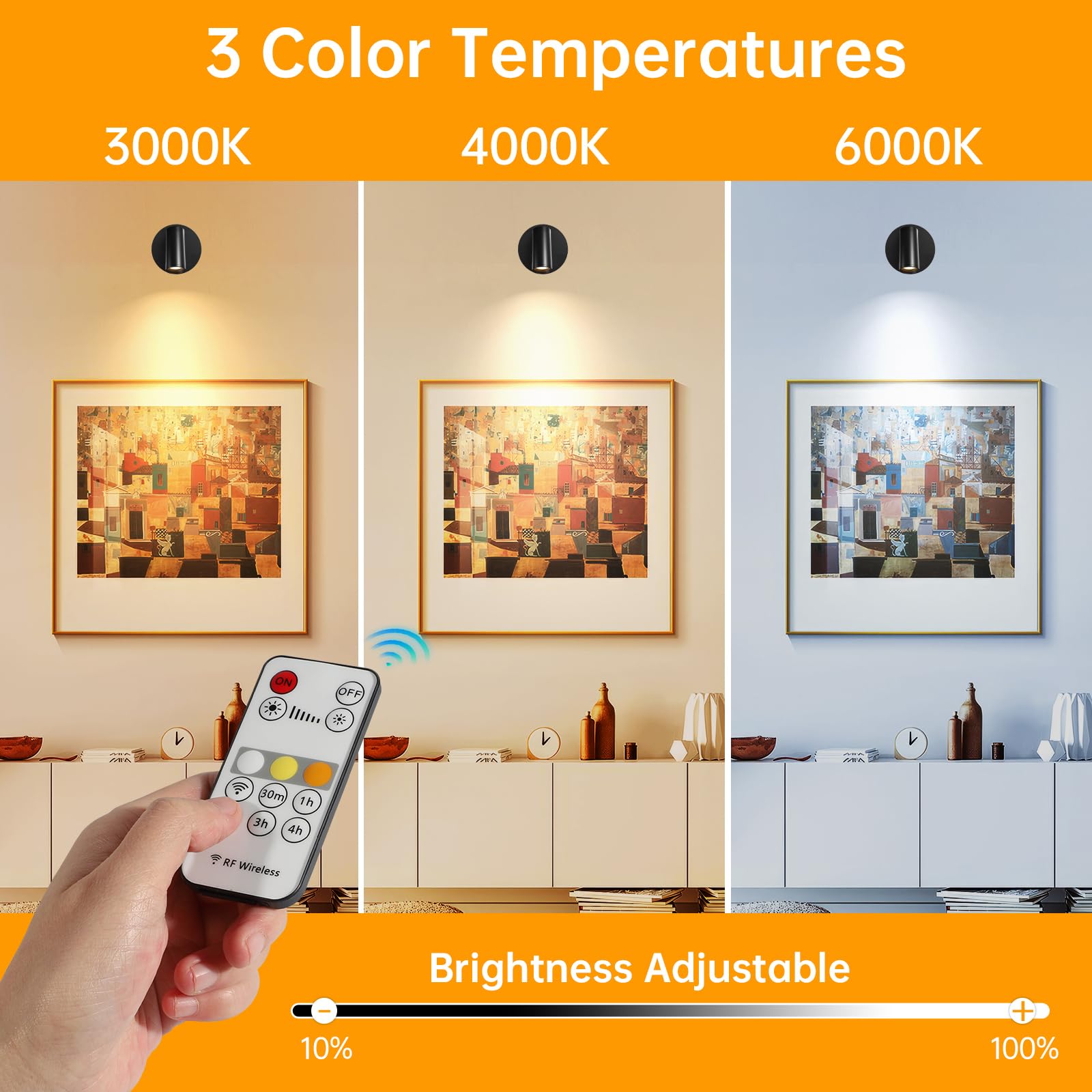 Applique Camera da Letto con Telecomando - Faretto a Batteria 3 Temperature di Colore - Faretto LED di Ricarica USB Intensità Variabile con Funzione Timer - Adatto per Arte, Piante, 4 Pezzo
