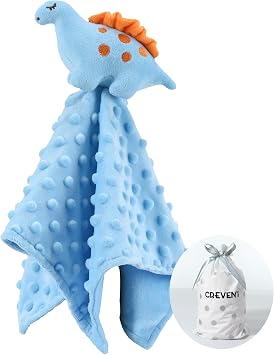 CREVENT Cozy Plush Baby Security Blanket Loveys for Baby Boys, Minky Dot Front + Sherpa Backing with Animal Face Blue Dinosaur