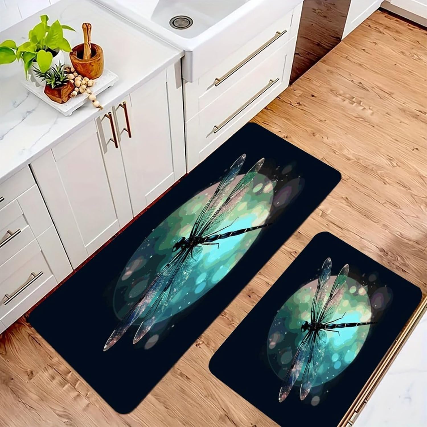Galaxy Animal Dragonfly Kitchen Mats with 2PCS Non-Slip Washable,Kitchen Rug Heavy Duty Durable, Floor Mats for Kitchen,Office,Sink,Laundry