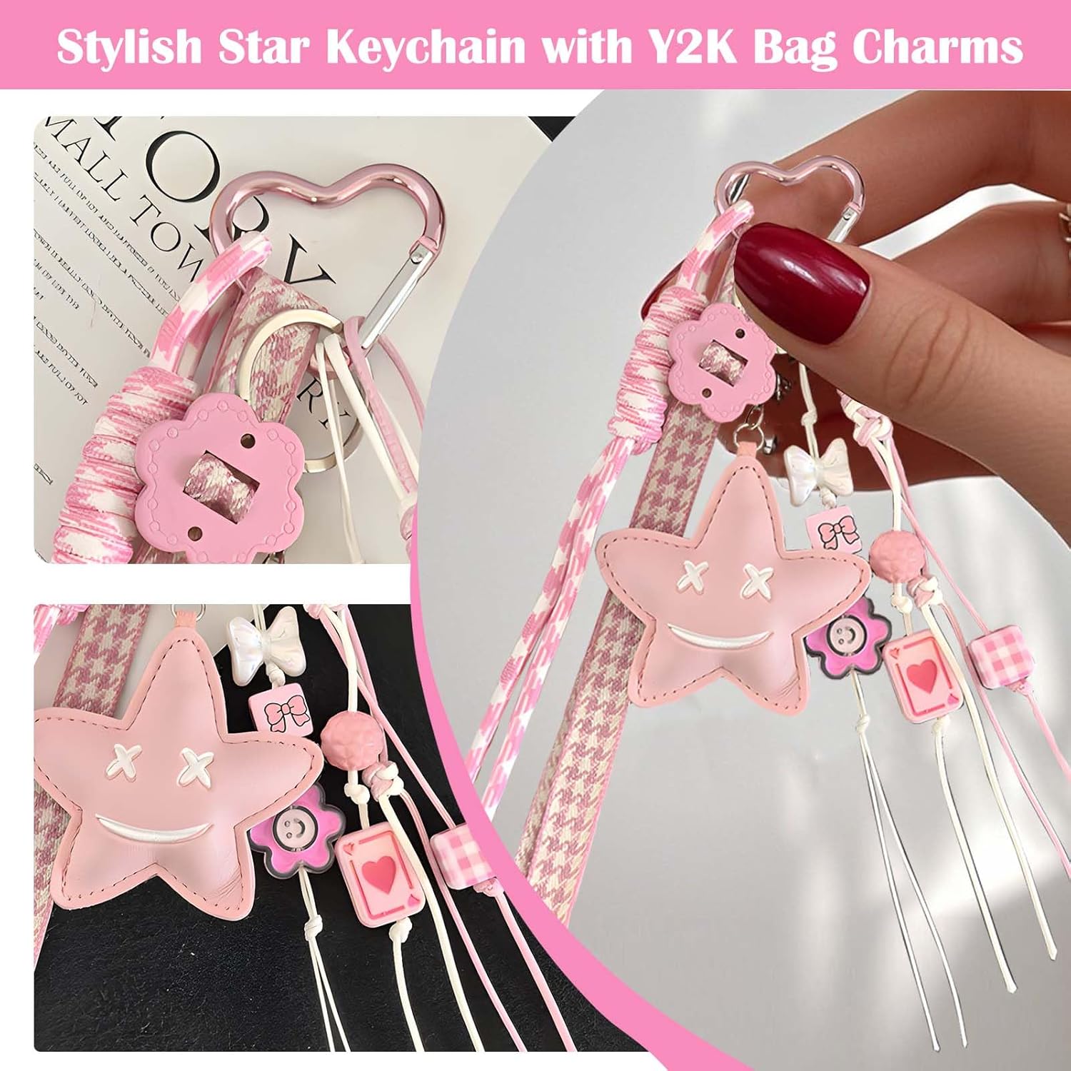 Stylish Star Keychain with Y2K Bag Charms, Beaded Braided Rope, Leather Car Keys Purse Pendants Gifts - Image 3