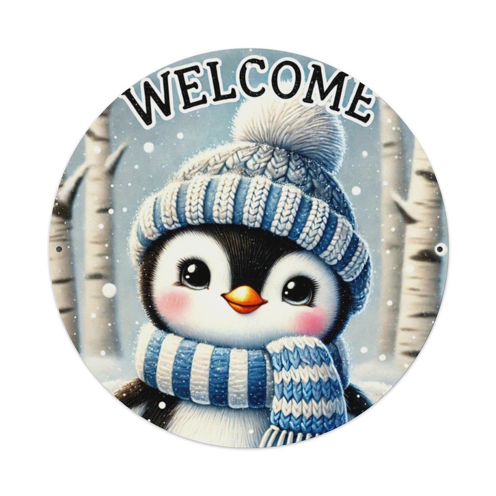Welcome Cute Penguin Winter Scene Retro Metal Tin Sign, Vintage Metal Poster for home, Gaming Room, Studio Workshop,Bar,Garage Wall Art Decor 8x8 inch