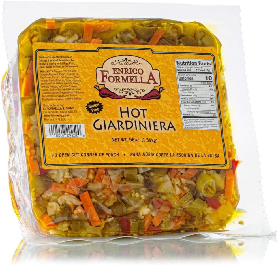 Enrico Formella | Hot Giardiniera Pouch | Italian - Chicago Style Hot Pickled Vegetables 56oz.