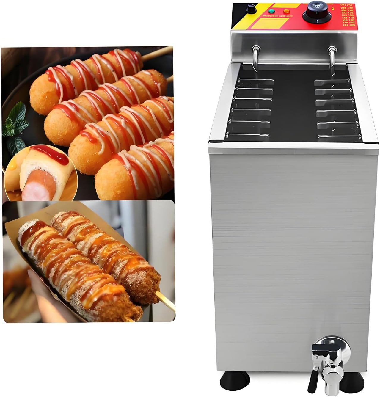 3000W Commercial Corn Dog Fryer, 12-Hook Stainless Steel Maker with Adjustable Temperature Control 130-200℃ for Hot Dogs, Corn Dogs, and Fried Chicken