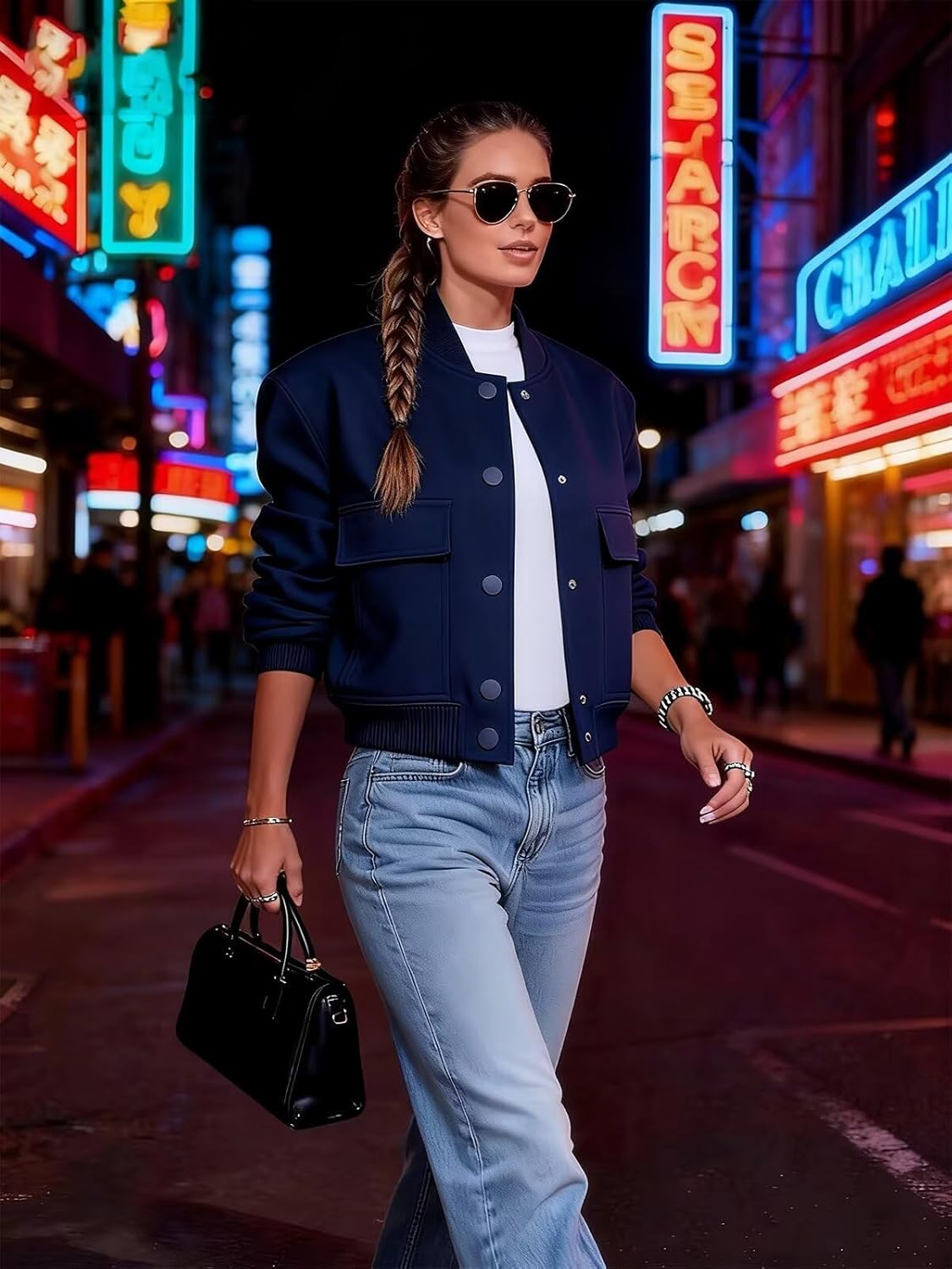 imbpceu Women Bomber Jacket Casual Long Sleeve Button Down Varsity Jackets with Pockets - Image 6