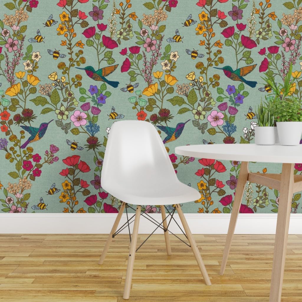 Spoonflower Removable Wallpaper 6ft x 2ft - Hummingbird Victorian Garden Traditional Chinoiserie Custom Pre-Pasted Wallpaper