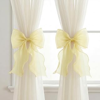 2 Pack French Lace Bow Curtain Tiebacks, Light Yellow