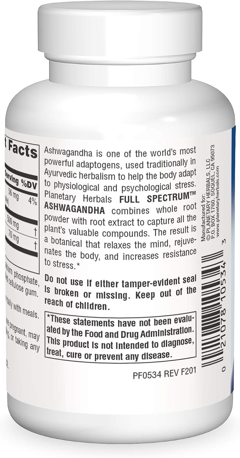 Planetary Herbals Ashwagandha, Full Spectrum 570 mg Rejuvenating Tonifier - 60 Tablets