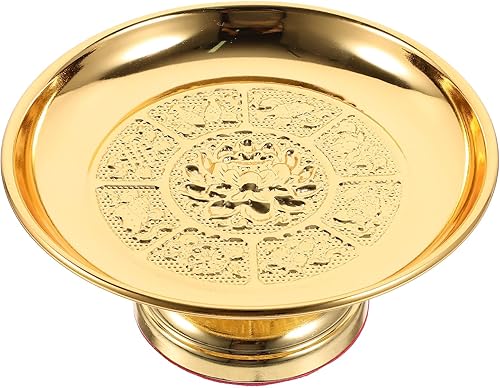 Cabilock Plato budista dorado vintage para ofrendas de agua, bandeja de frutas, cuenco de bendición, flor de loto, postre, soporte elevador de