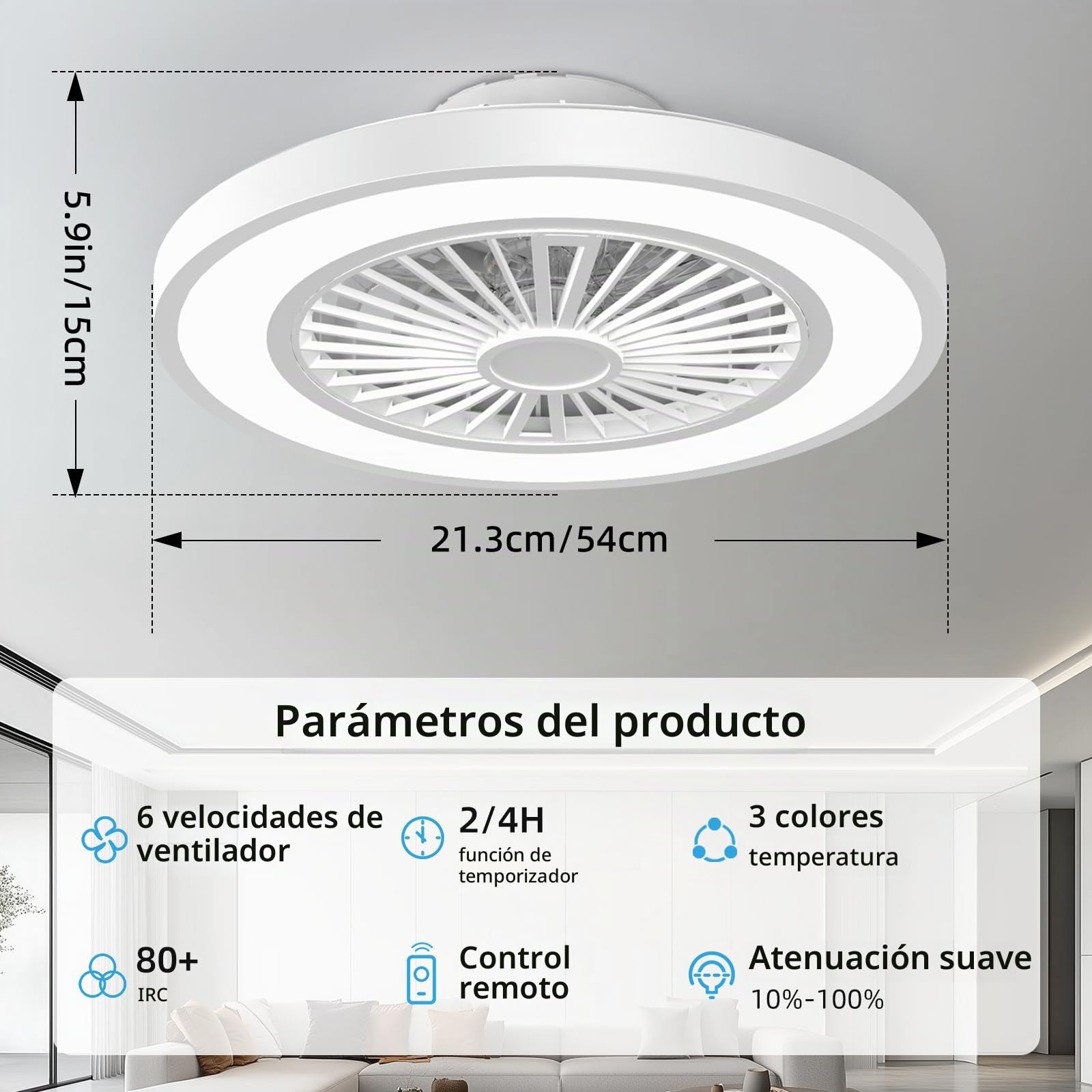 Ateroll Ventilador de Techo con luz, Ø54CM Dimmbar LED Lampara Ventilador Techo con Control Remoto, 3000K-6500K, 6 Velocidades Silencioso, Temporizador y Memoria (Blanco frío)