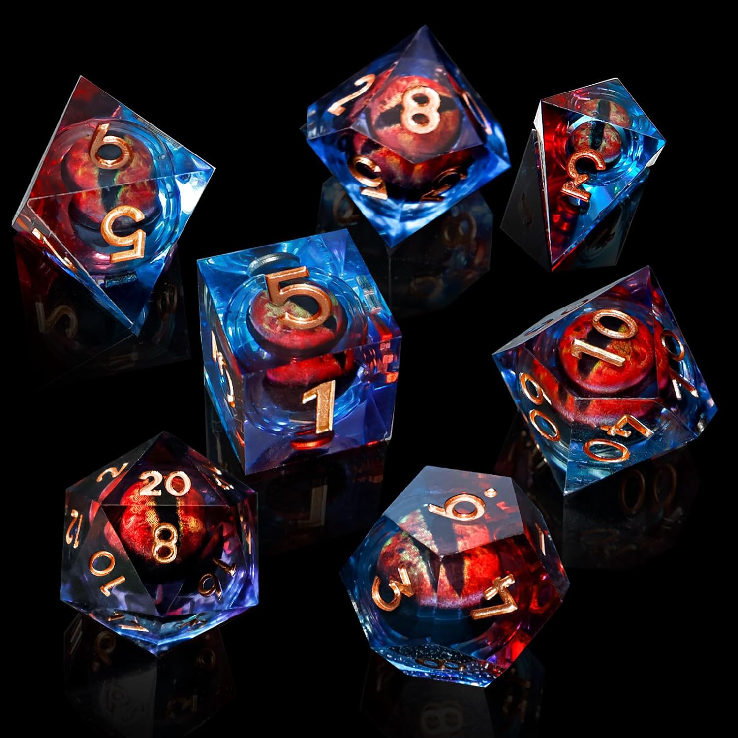 DND Resin Dice Dragon Eye Liquid Core Dice Set Sharp Edged Dice Set with Box, Dungeons and Dragons Polyhedral Dice, D&D RPG Role Playing Games (Bluish Red)