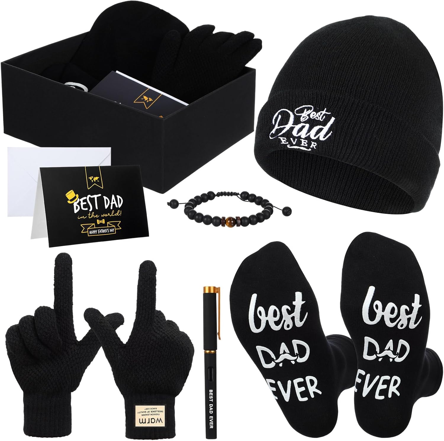 Geyoga 8 Pack Father's Day Best Dad Gifts Set from Daughter Son Dad Birthday Gifts Funny Beanie Socks Gloves Bracelets Pen Cards for Men Father Papa Gift Black