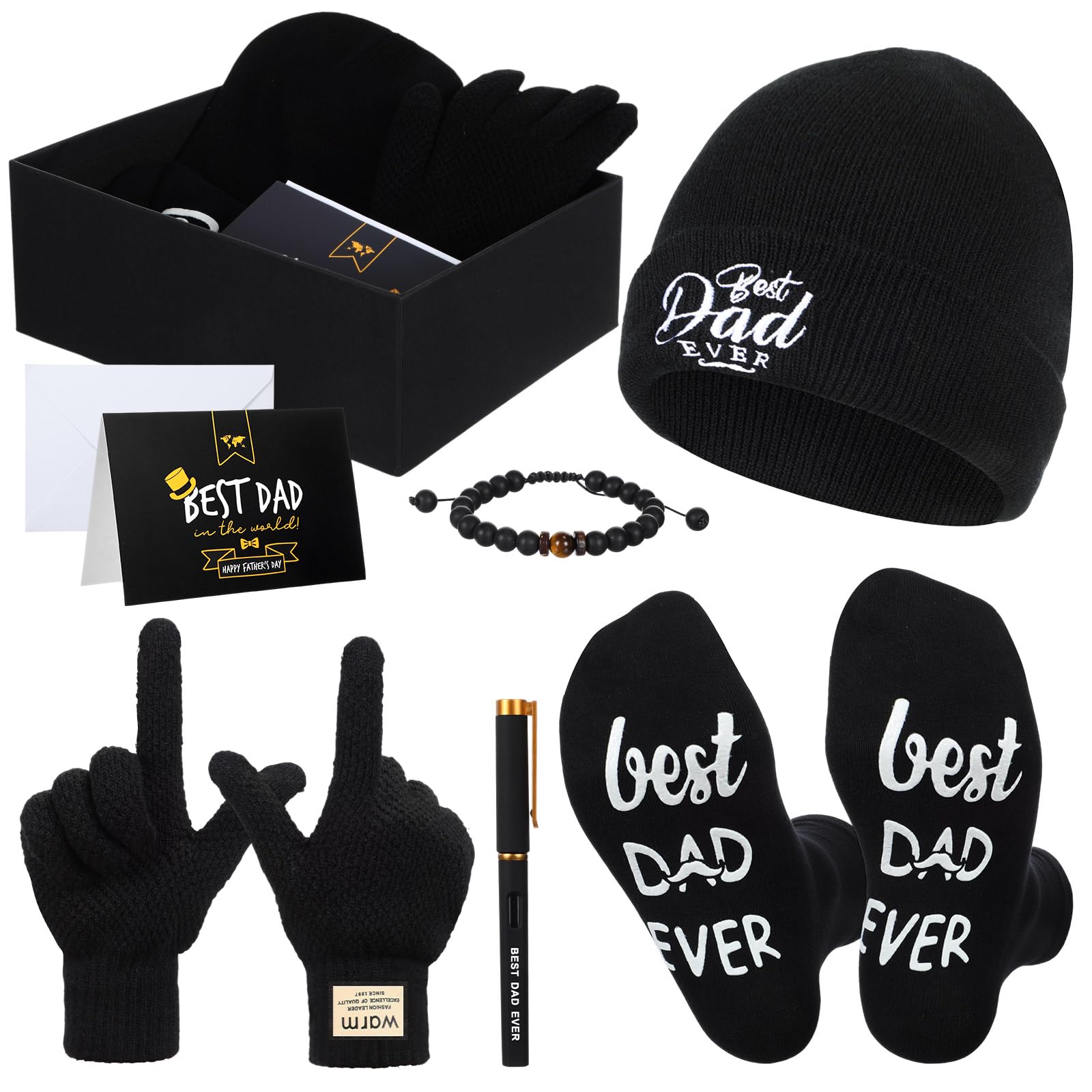 Geyoga 8 Pack Dad Gift Set Best Dad Gifts for Dad Birthday Gifts for Dad Funny Dad Beanie Socks Gloves Bracelets Pen Cards for Men Father Papa Gifts from Son Daughter Kids Black