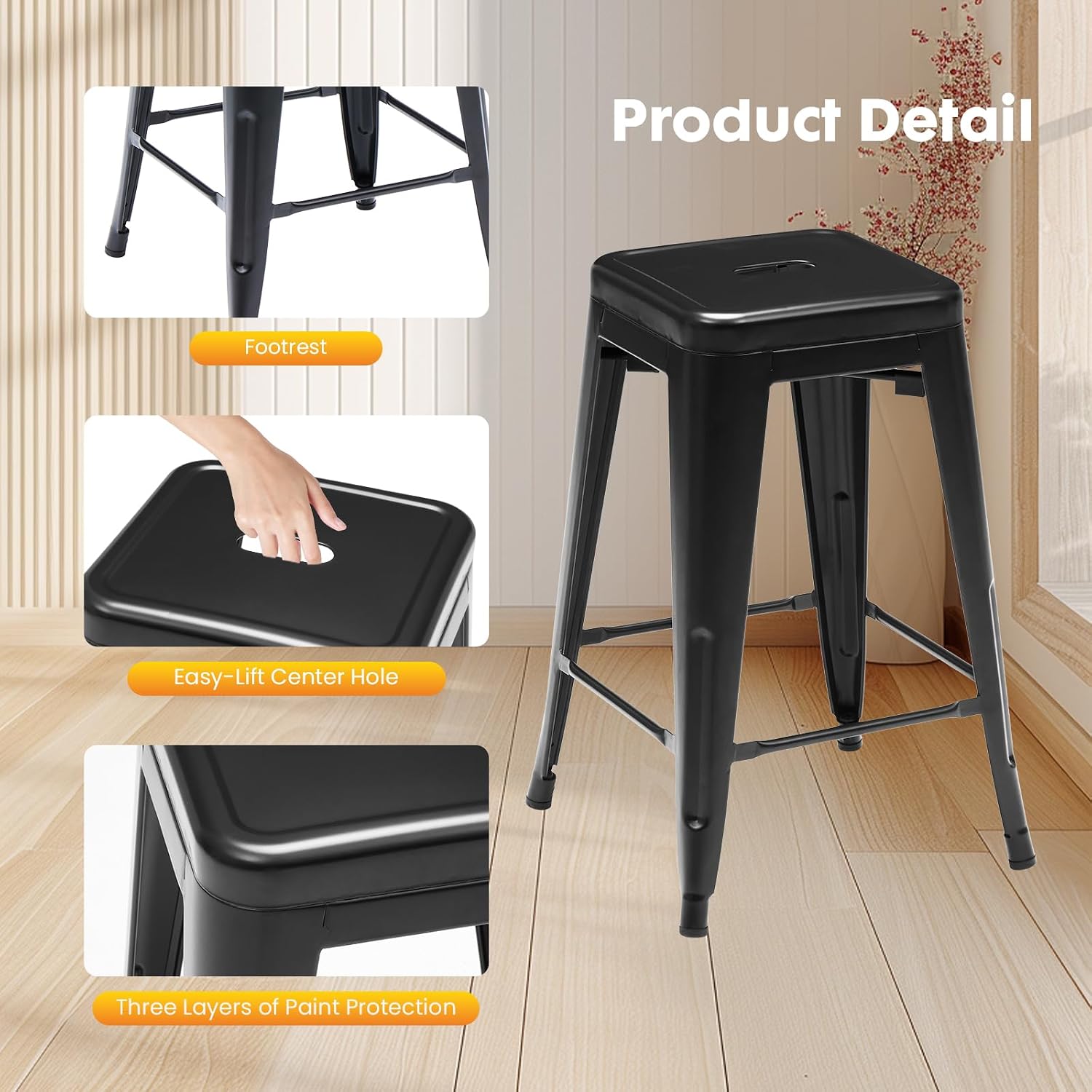 Sweetcrispy Metal Bar Stools Set of 4, 24 Inch Stackable Restaurant Classic Trattoria Metal Chairs, Backless Counter Height Barstool Chairs for Dining Room, Kitchen Island, Indoor Outdoor Use, Black