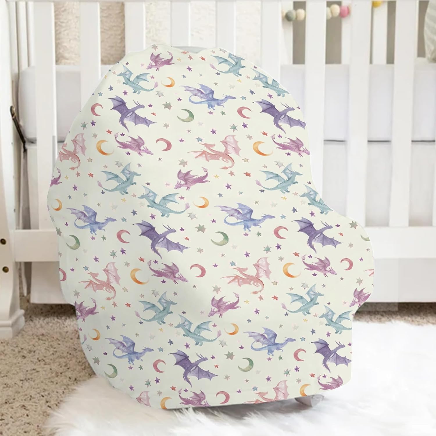 5-in-1 Unisex Dragon Moon Stars Nursery Pattern Baby Carseat Stroller Cover for Boys Girls, Infant Toddler Privacy Nursing Breastfeeding Canopy, Grocery Shopping Cart Cover-24x28