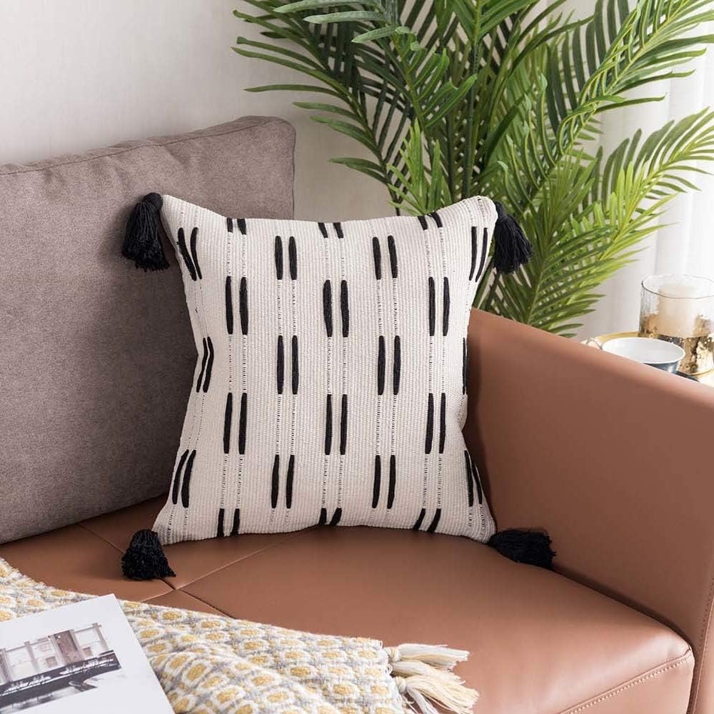 HAOCOO Lumbar Pillow Cover Neutral Decorative Collection Throw Accent Woven Cotton Tassel Pillow Case for Home, Party, Car, Office and Farmhouse (18"x18")