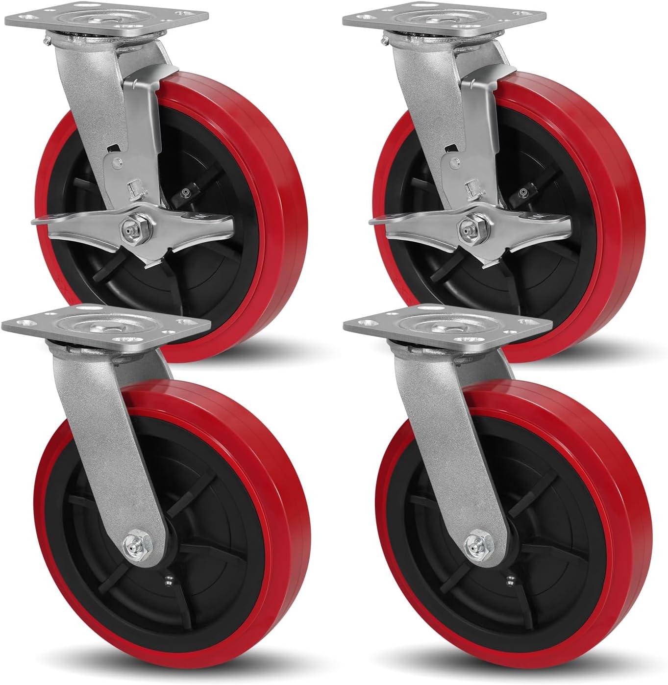 SY America 8" X 2" Caster Wheels, Heavy Duty Industrial Casters,Polyurethane on Polyolefin Core Wheel,Top Plate 4" x 4.5", 2 Swivel 2 Swivel w/Top Lock Brake,4000 LBS Load Capacity（Set of 4）
